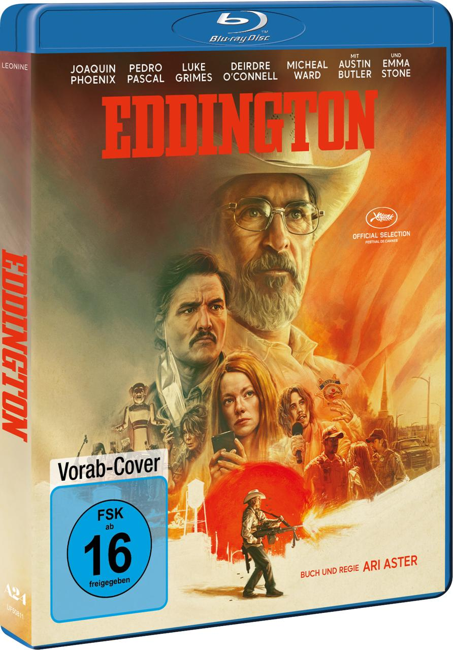 Blu-ray-Cover für 'Eddington'. Zeigt einen Mann mit Cowboyhut und mehrere Schauspieler. Text enthält Namen.