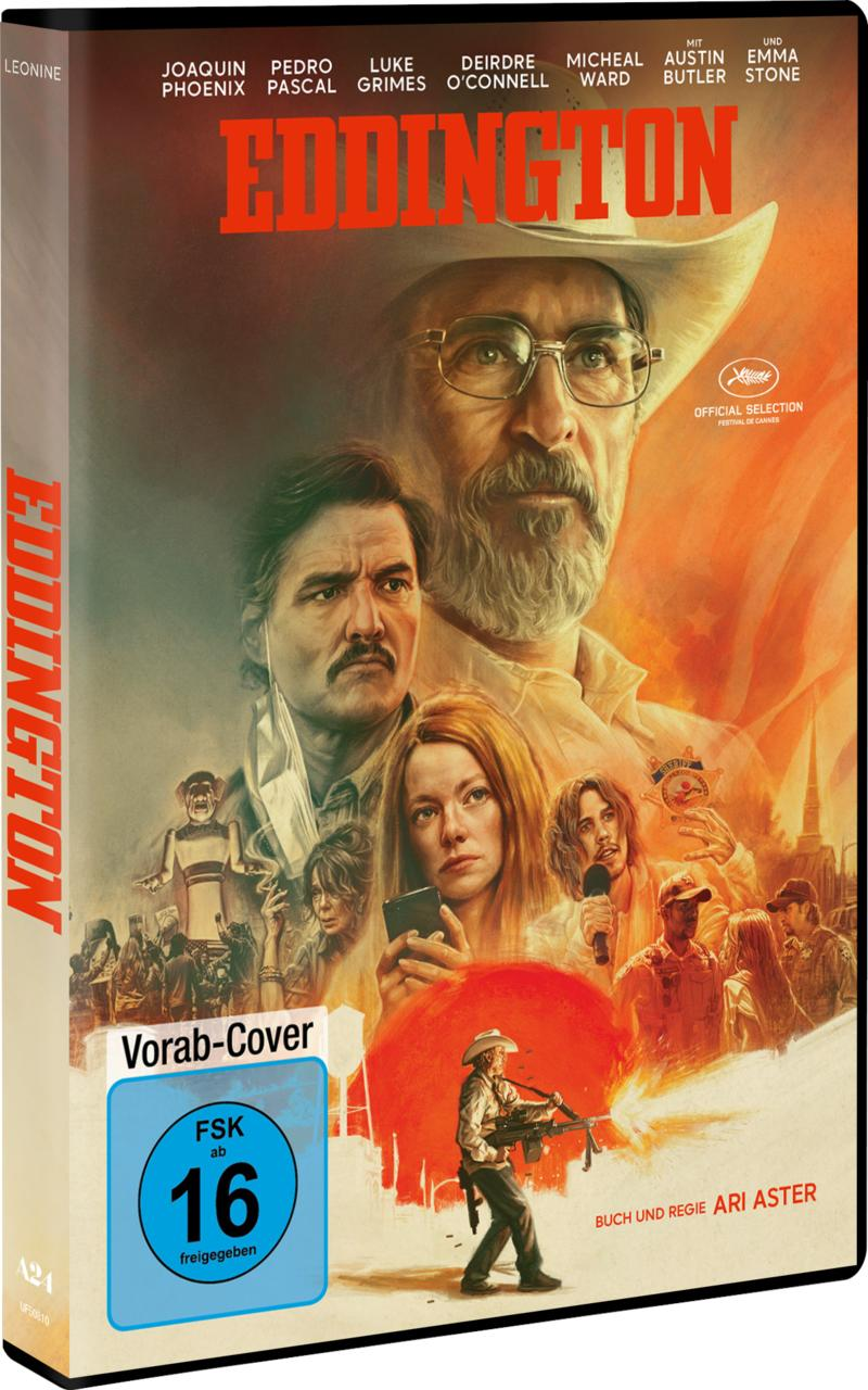 Filmposter für 'Eddington'. Enthält Gesichter von Schauspielern, einen Cowboy und einen feurigen Hintergrund. Text enthält Titel und Bewertung.