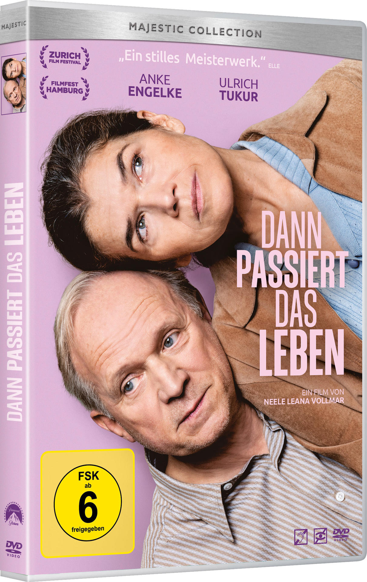 DVD-Cover. Nahaufnahme von zwei Gesichtern. Titel: Dann Passiert Das Leben. Schauspieler: Anke Engelke und Ulrich Tukur.