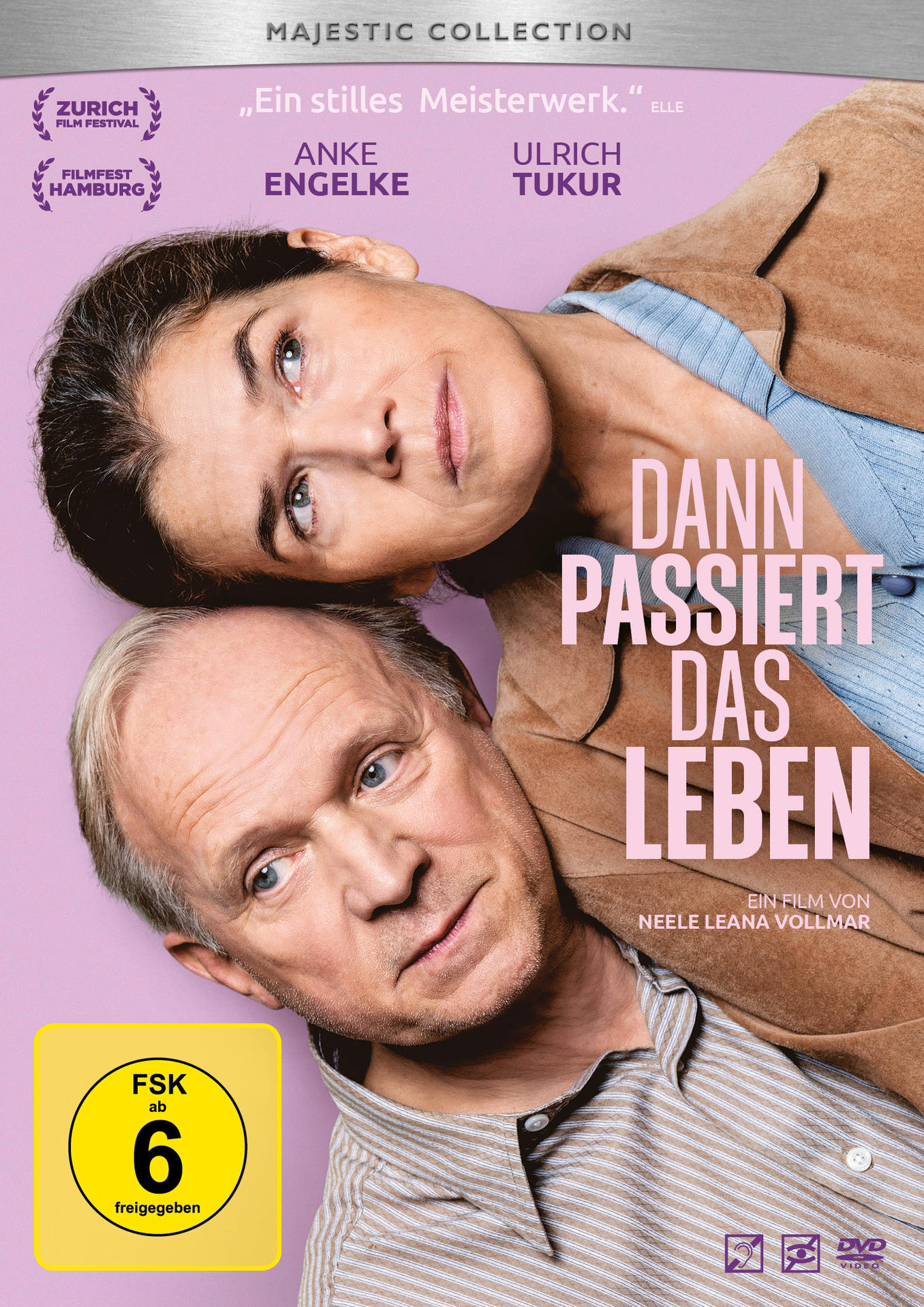 Filmposter mit Gesichtern von zwei Personen. Text: 'Dann Passiert Das Leben'. Gelber Kreis zeigt Freigabe ab 6 Jahren.