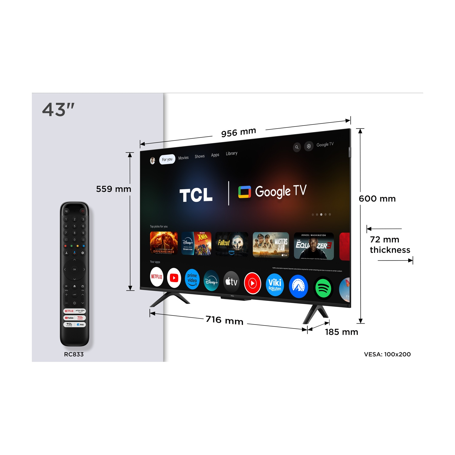 Un TCL Google TV da 43" con telecomando. Le dimensioni sono indicate. Vengono visualizzate app come Netflix, Prime Video e Disney+.