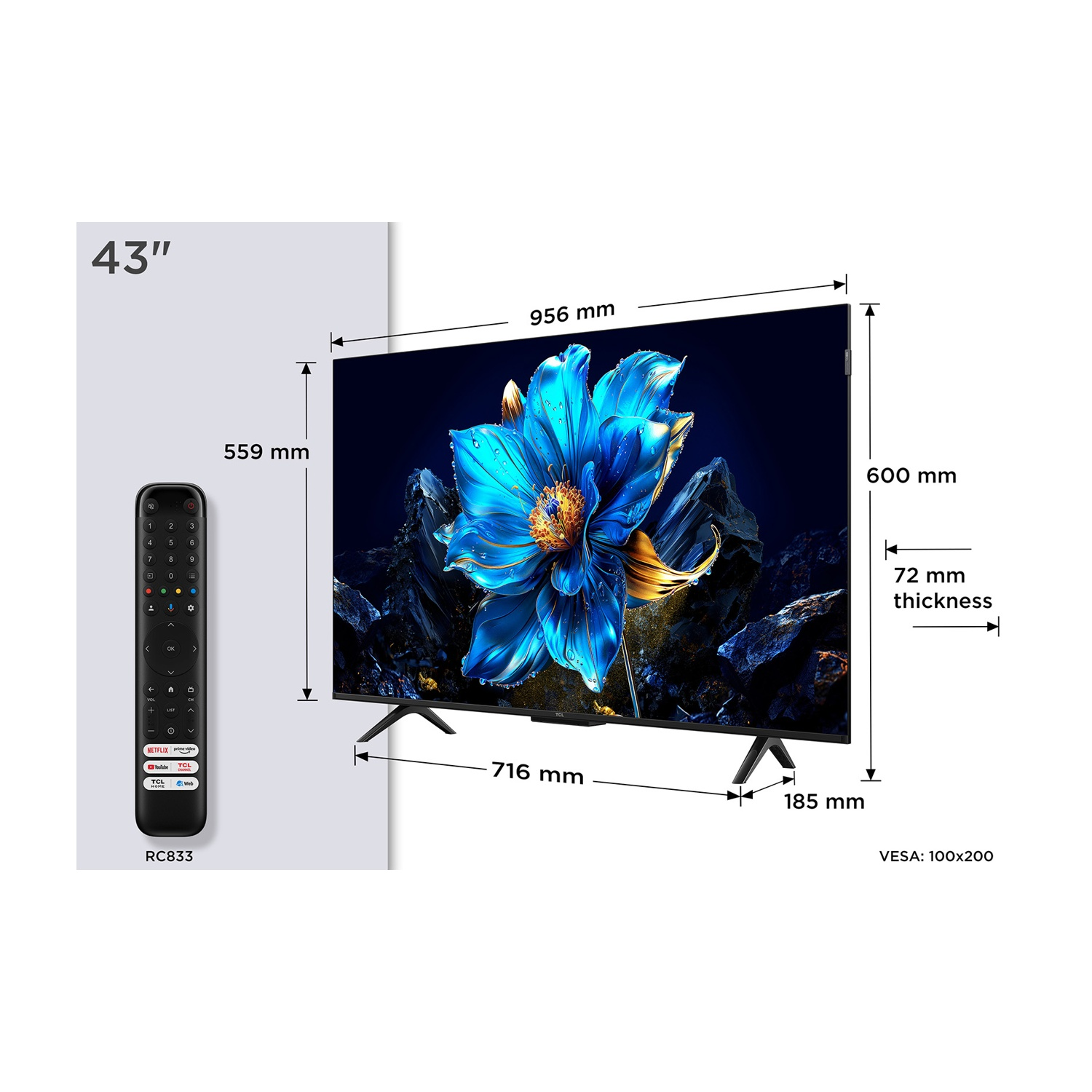 Un televisore TCL da 43" con misure, un telecomando e un'immagine floreale. Le dimensioni sono visualizzate accanto al televisore.