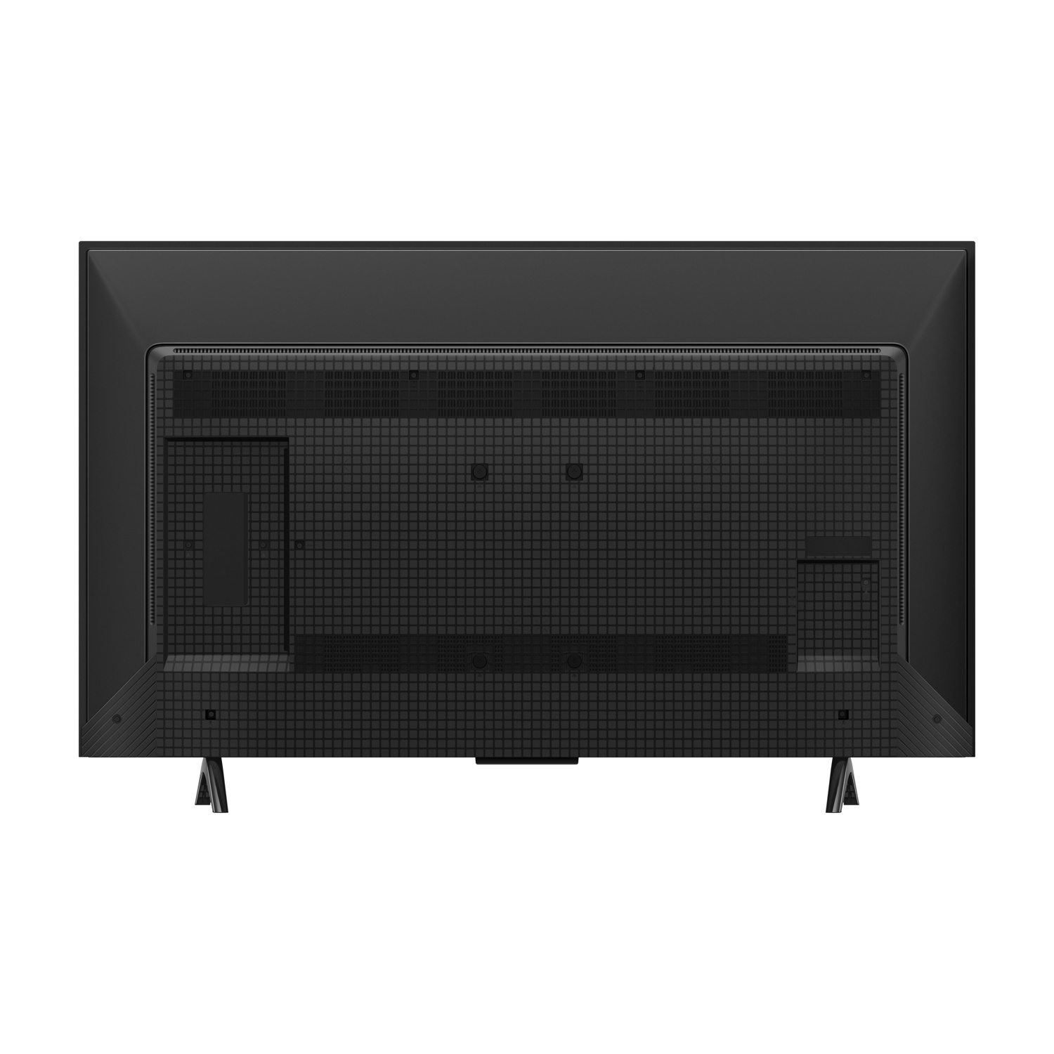 Viene mostrato il retro di una TV a schermo piatto nera. Ha una trama a griglia con varie porte e supporti. Il televisore è su sfondo bianco.