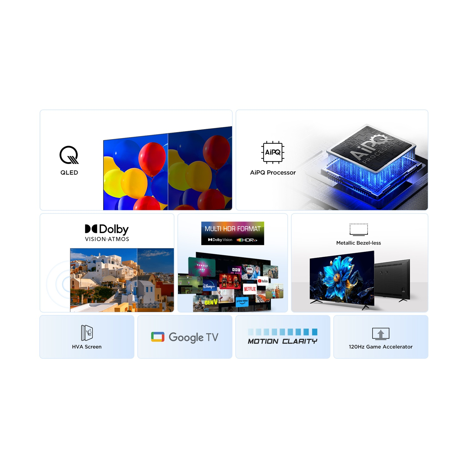 L'immagine mostra le tecnologie TV. Mostra QLED, processore AiPQ, Dolby Vision, formato Multi HDR, cornice metallica senza bordi, schermo HVA, Google TV, nitidezza del movimento e 120Hz Game Accelerator.