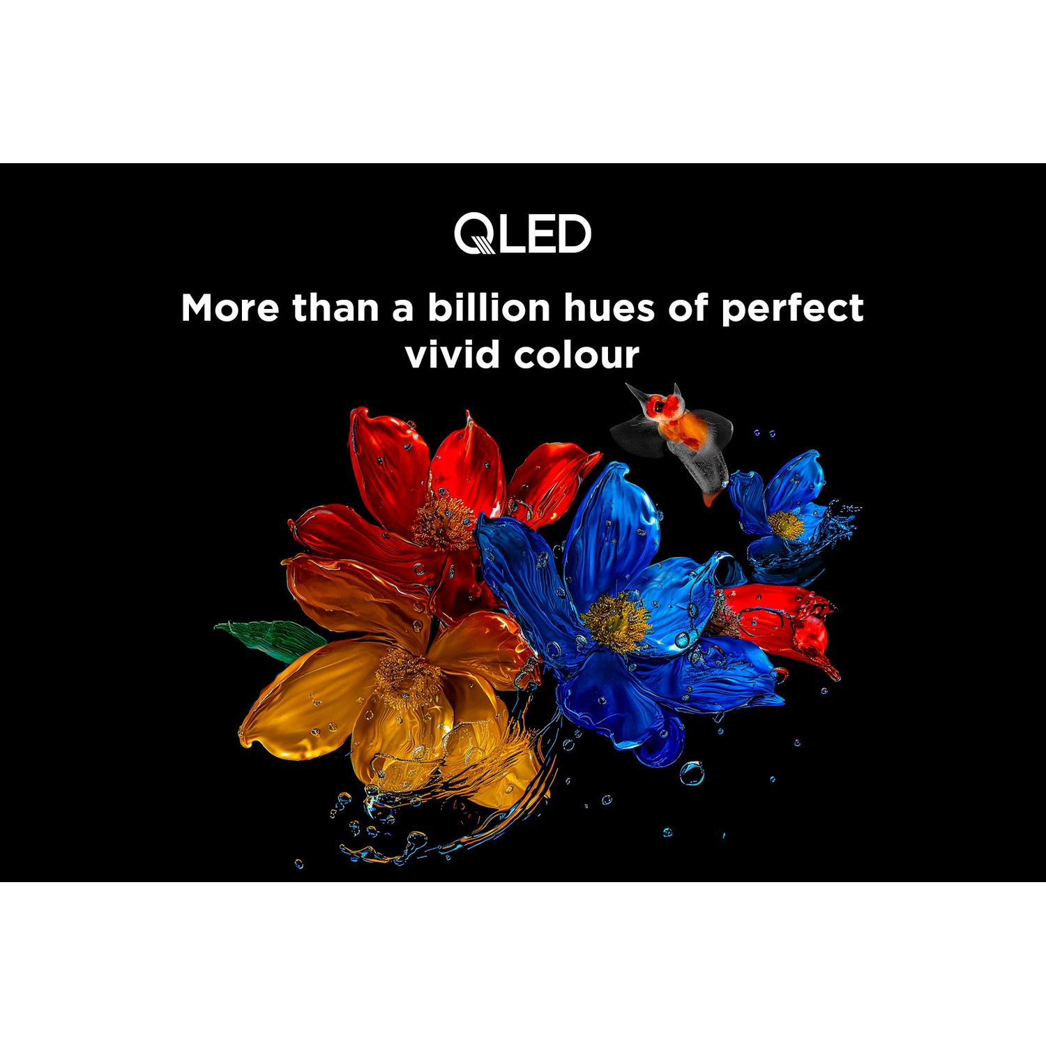 L'immagine mostra fiori colorati e un pesce su sfondo nero. Il testo recita 'QLED' e 'More than a billion hues'.