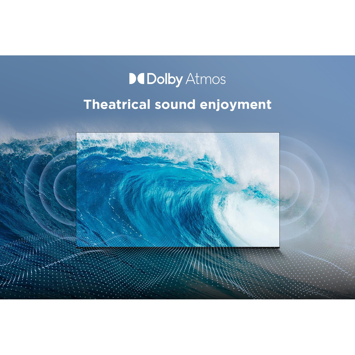 Uno schermo TV mostra un'onda. Il logo Dolby Atmos e il testo 'Theatrical sound enjoyment' sono sopra.