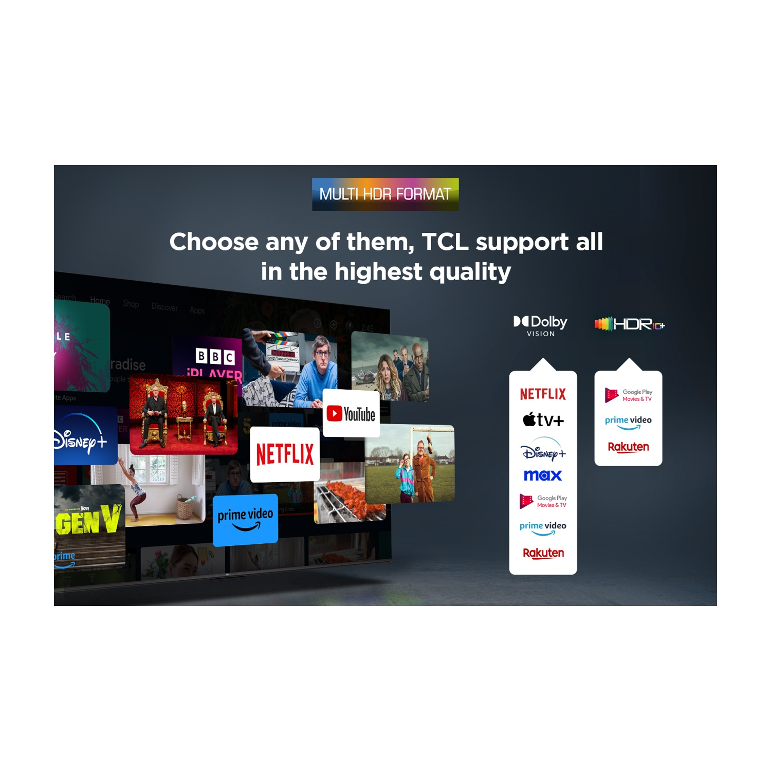 L'immagine mostra uno schermo TV con loghi di servizi streaming come Netflix e Disney+. Il testo pubblicizza il supporto TV TCL per formati HDR.