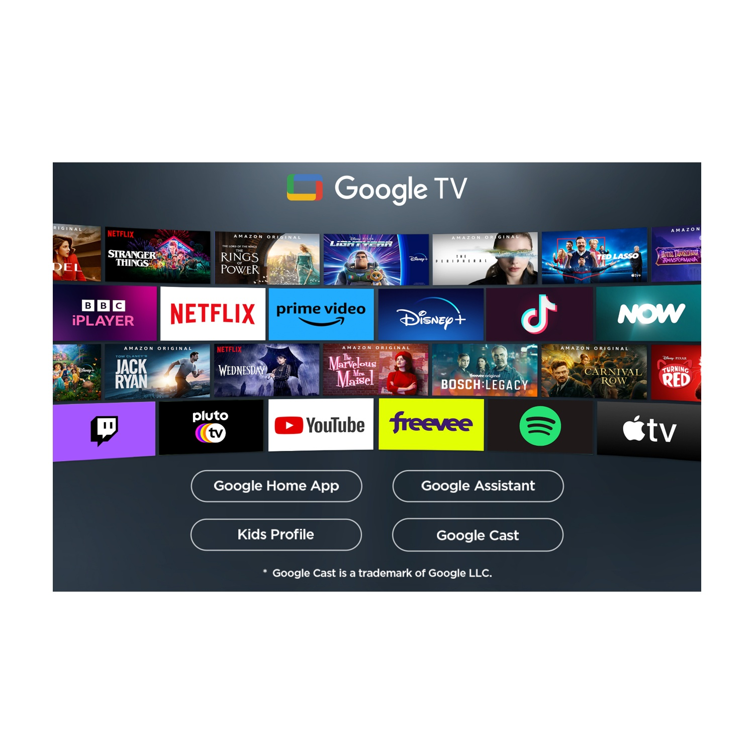 Interfaccia Google TV. Sono visibili le icone di Netflix, Prime Video, Disney+, YouTube e altri servizi di streaming.