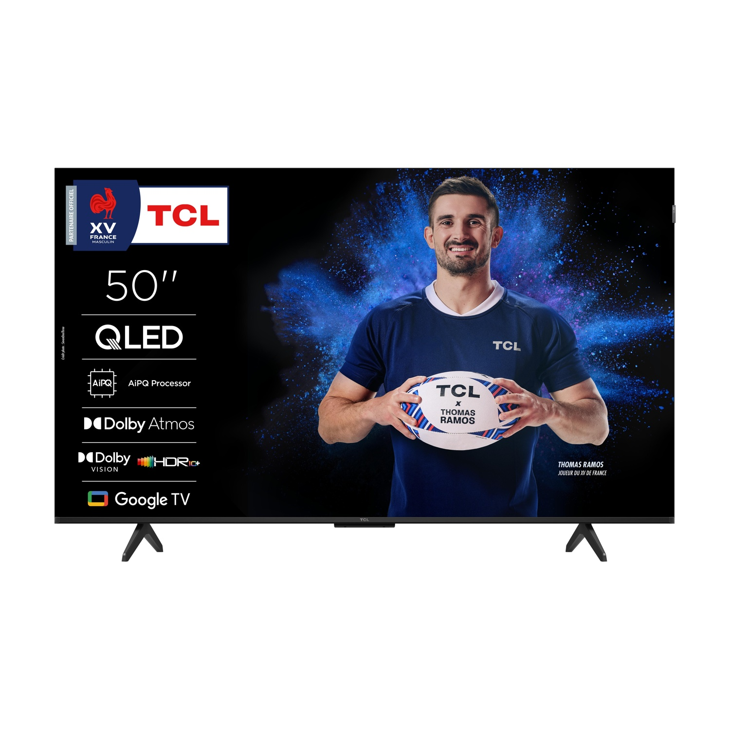 TV TCL QLED 50" con giocatore di rugby con palla. Il TV ha Dolby, Google TV e processore AiPQ.