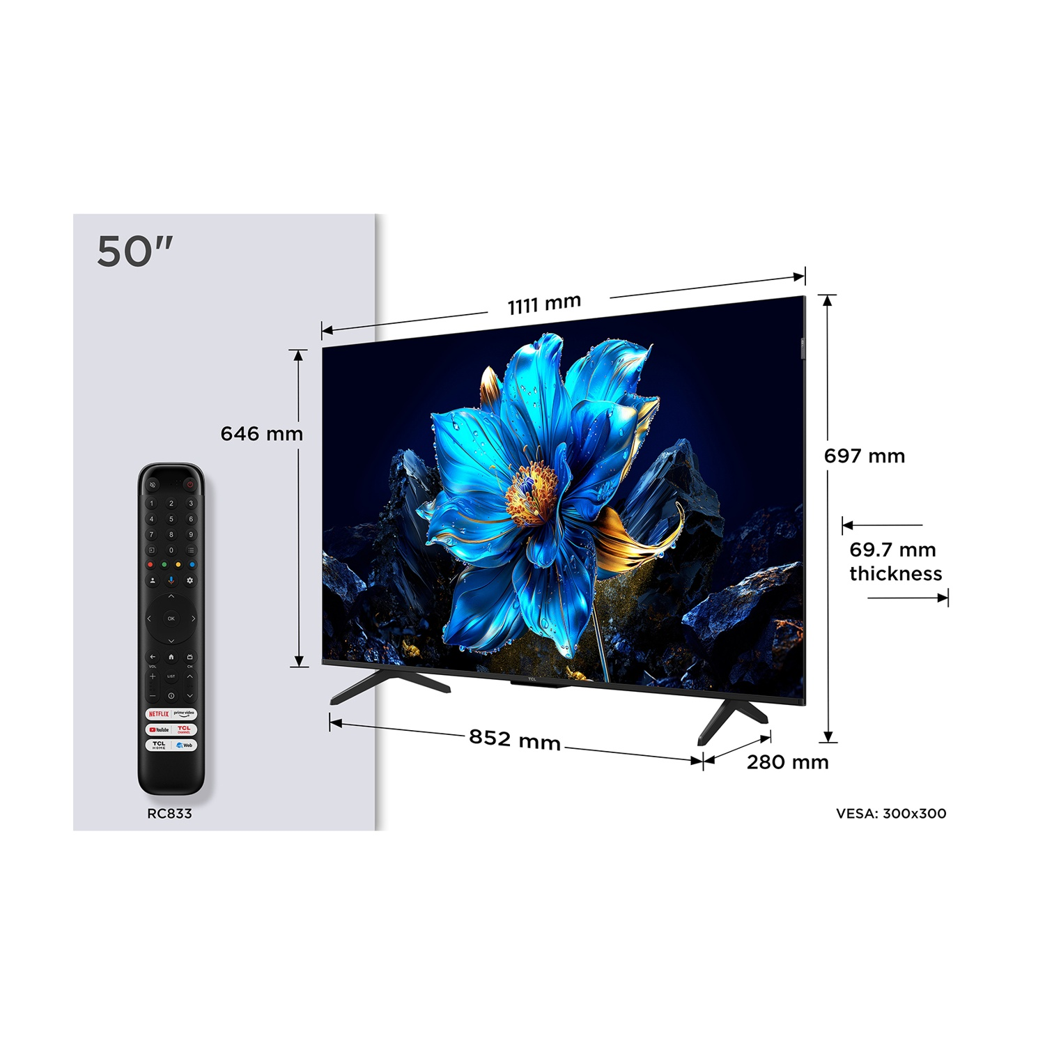 Una TV da 50" con dimensioni indicate. Include un telecomando, con una grande immagine floreale blu sullo schermo e misure.