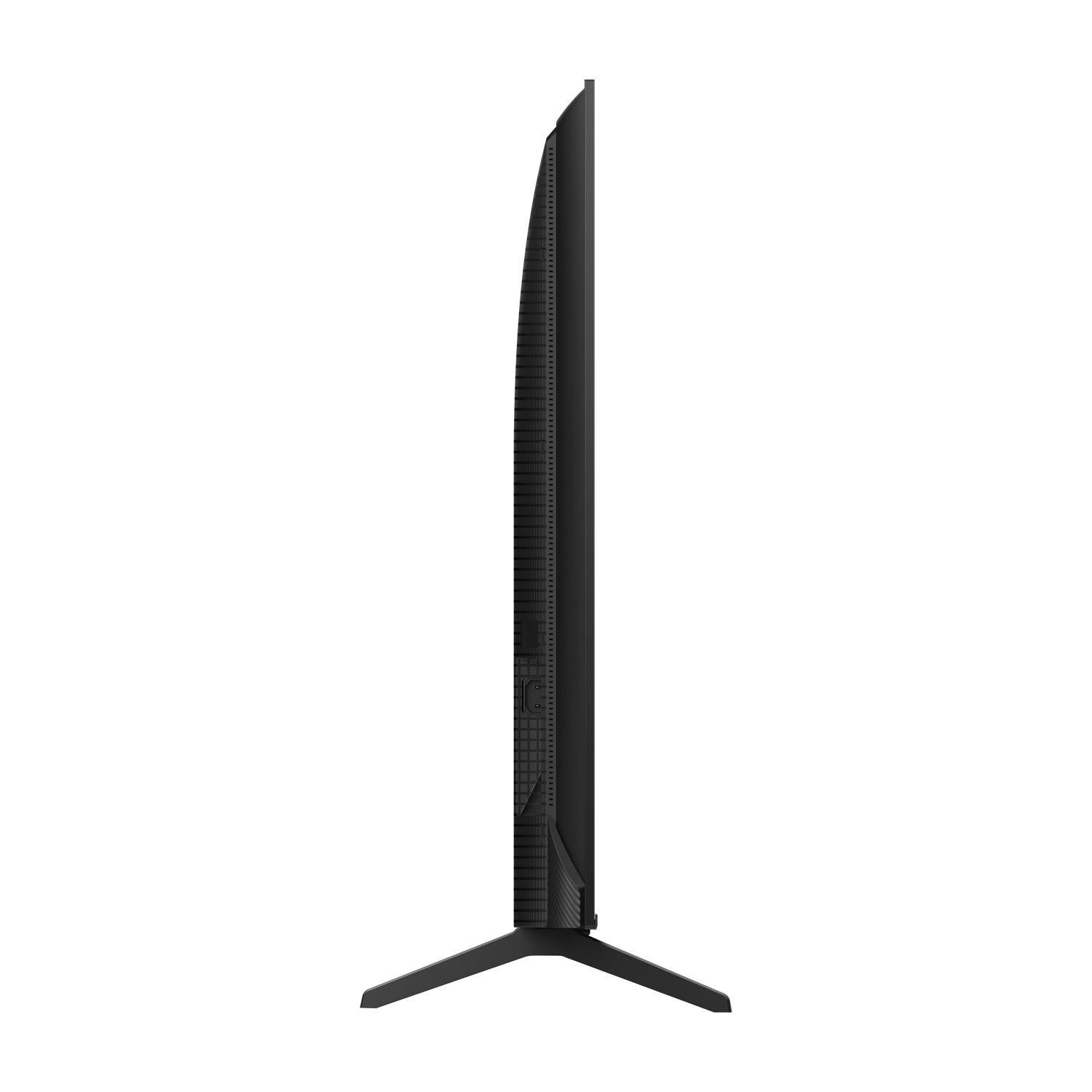 Vista laterale di una TV a schermo piatto nero con supporto. Lo schermo è sottile, con retro strutturato. Il supporto è nero e angolato.