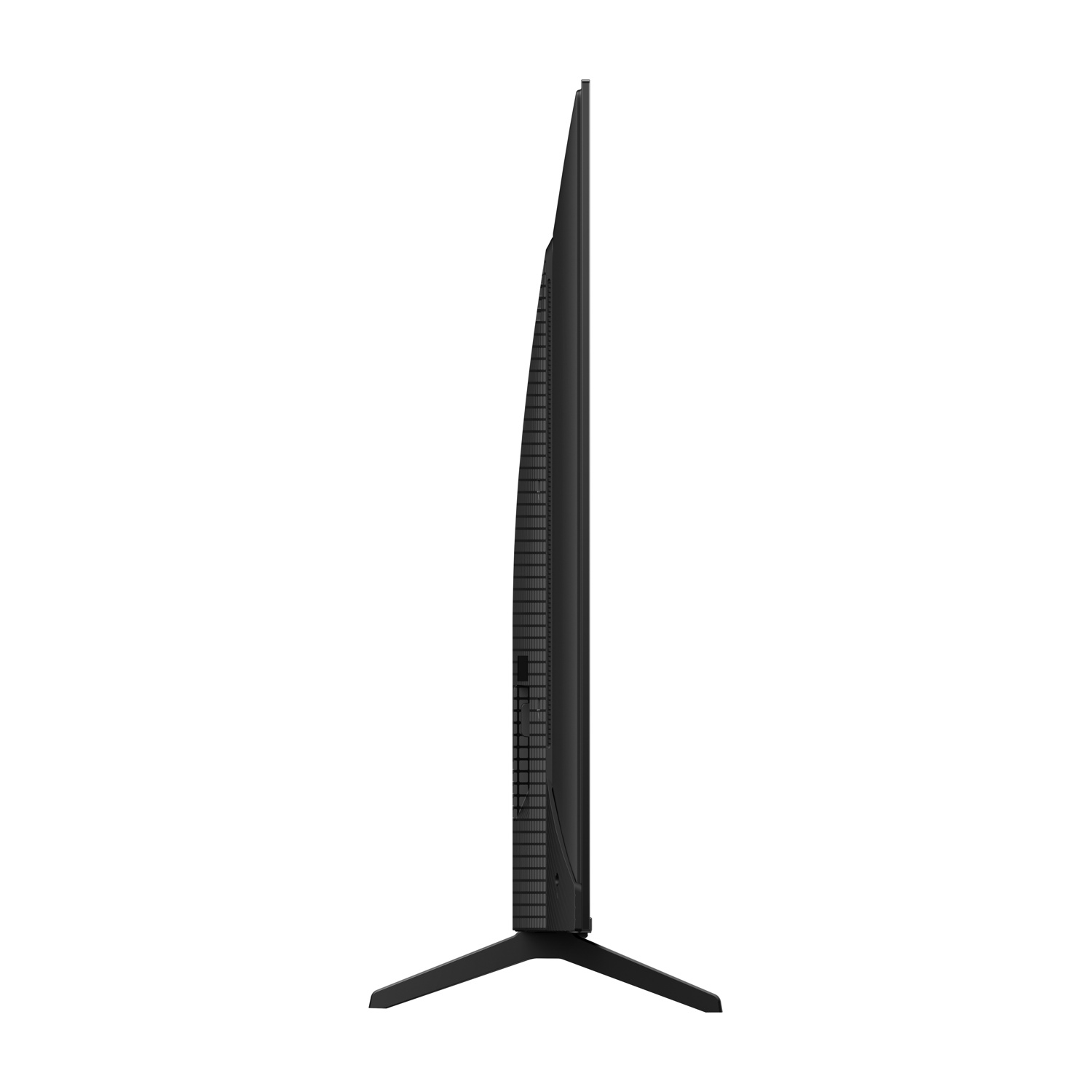 Vista laterale di una TV a schermo piatto nera su sfondo bianco. La TV ha una cornice sottile e un supporto.