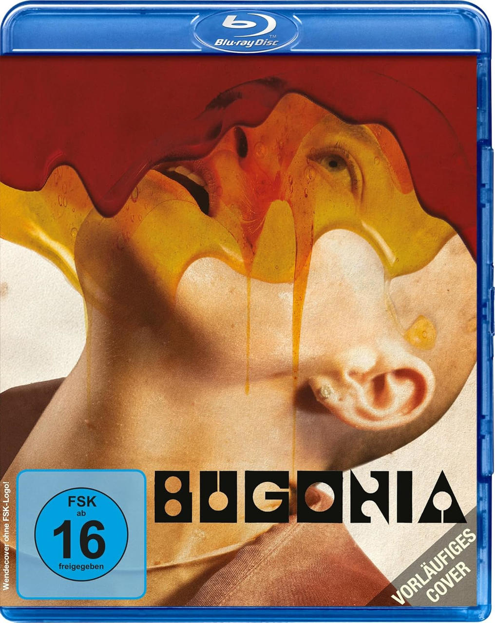 Blu-ray-Cover mit einem Gesicht, das von tropfender gelber und roter Flüssigkeit bedeckt ist, Titel 'BUGONIA', blaue Hülle und FSK 16-Rating.