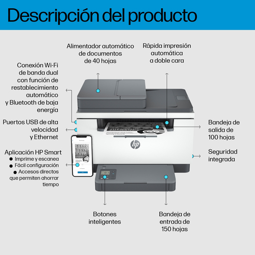 Una impresora HP con Wi-Fi, Bluetooth y puertos USB. Tiene un alimentador automático de documentos y una aplicación inteligente para imprimir.