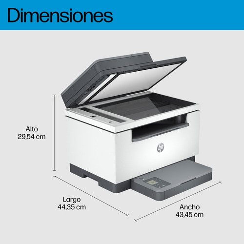 Una impresora HP blanca y gris con la tapa del escáner abierta. Dimensiones: altura 29,54 cm, largo 44,35 cm, ancho 43,45 cm.