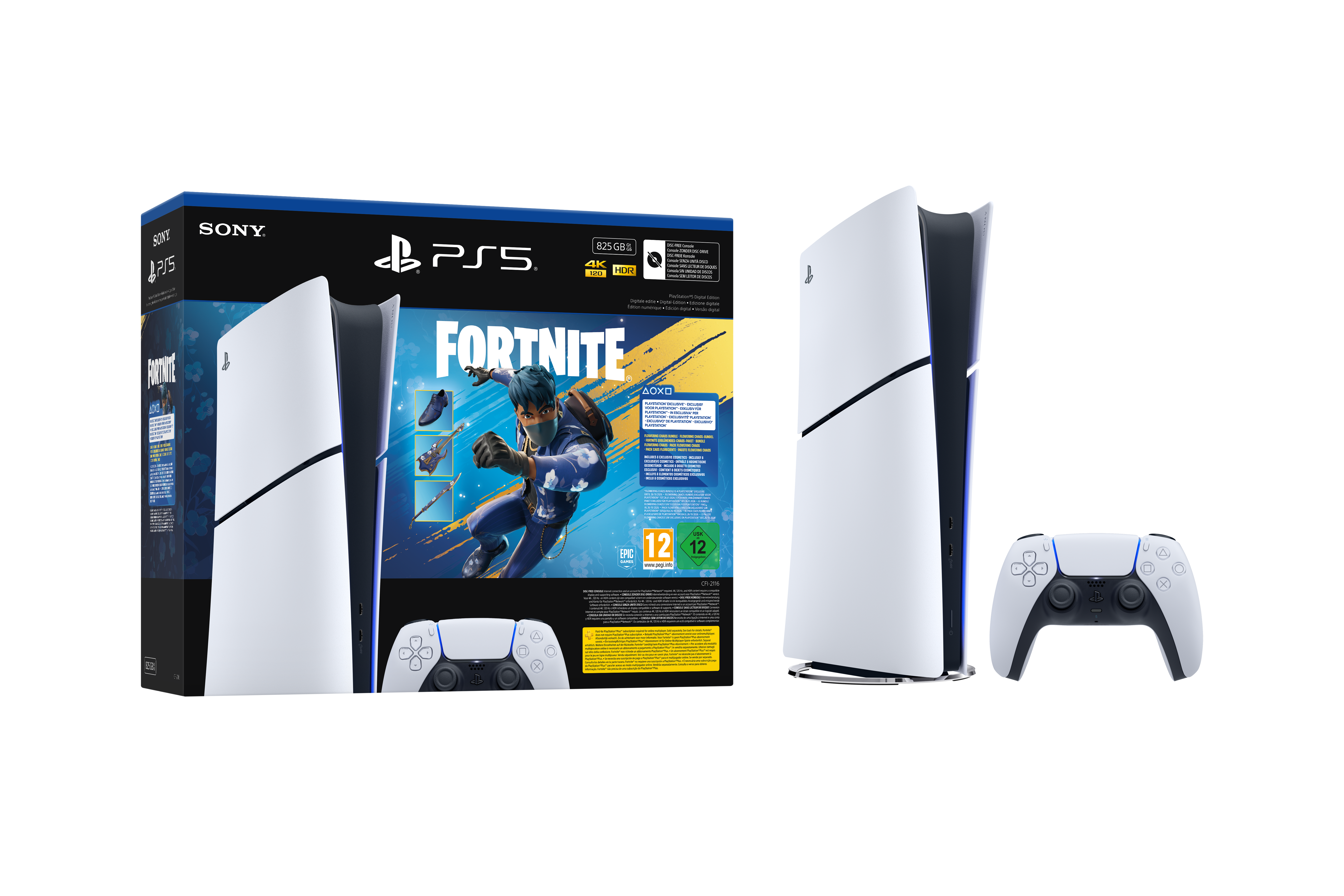 Consola PS5, caja con Fortnite, mando. Diseño blanco y negro. Aislado sobre fondo negro.