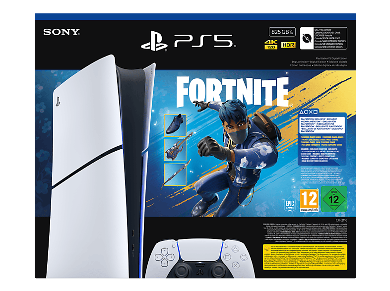 Consola - Sony PS5 Slim Digital Edition, 825 GB SSD, 4K, 1 mando, Chasis E, Blanco + Pack Fortnite Flowering Chaos (código de descarga)
