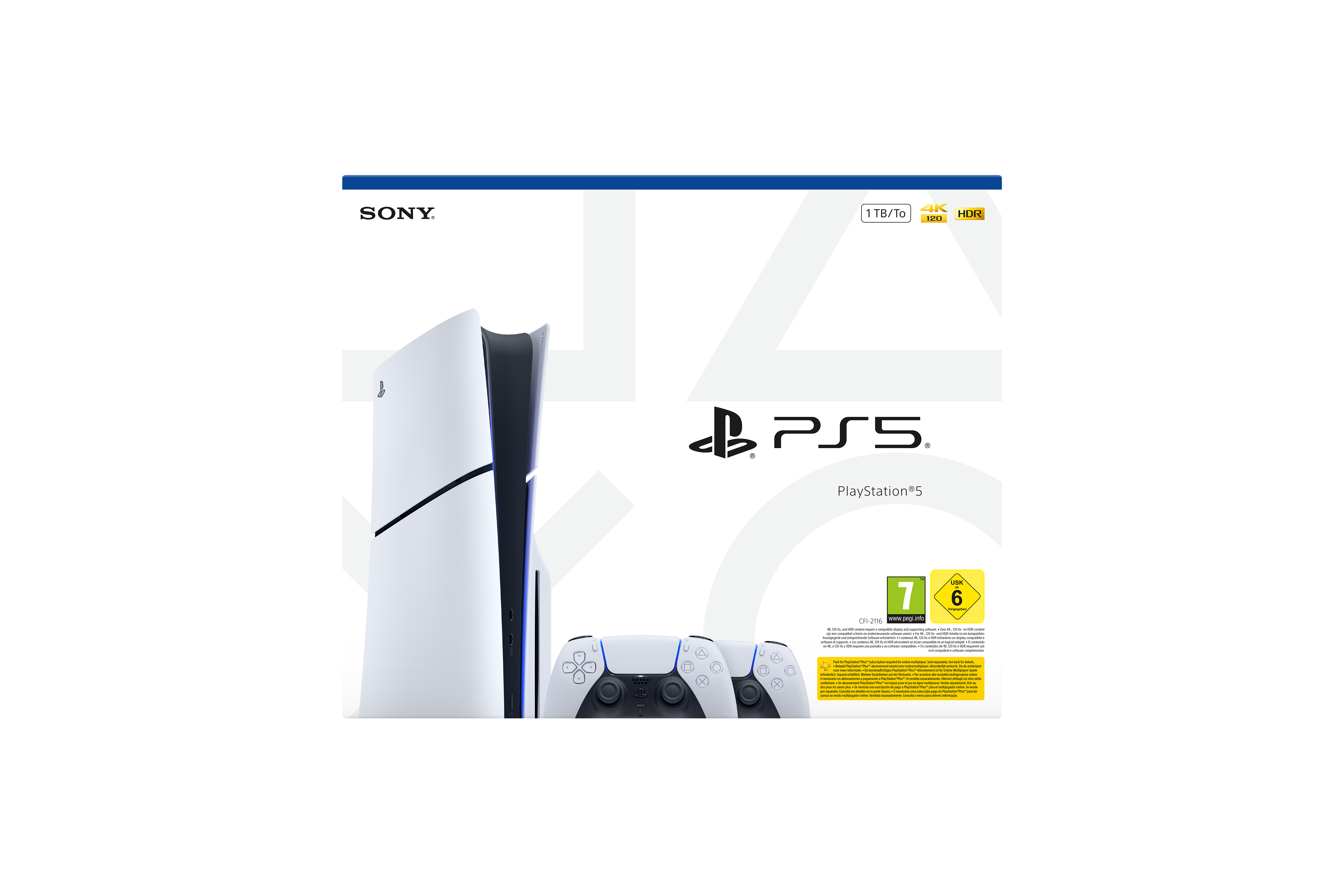 Consola PS5, diseño blanco y negro, con un mando blanco, sobre fondo blanco. Caja con logo.