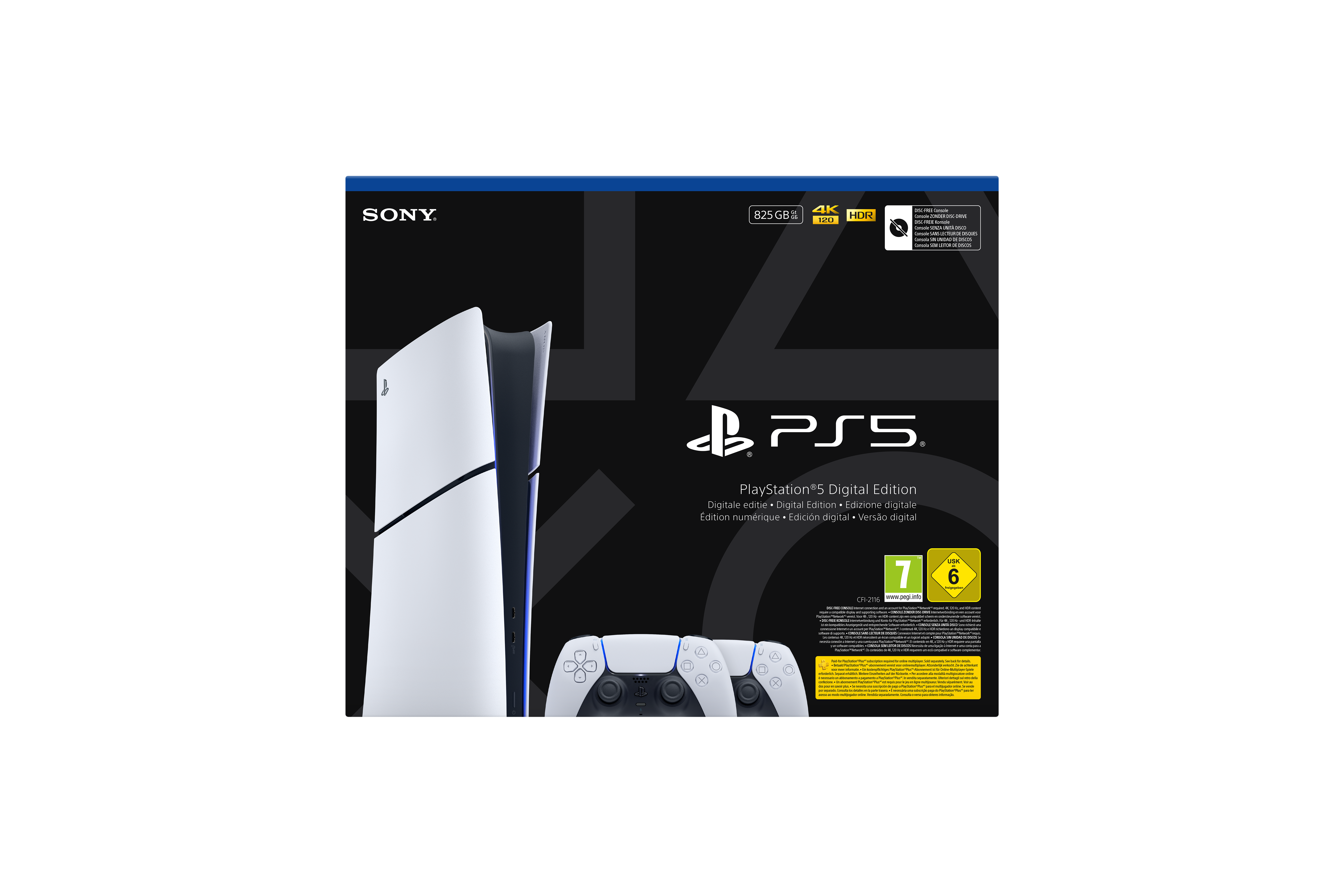 Caja de consola PS5, blanca y negra. Incluye un controlador y funciones como 4K y HDR.