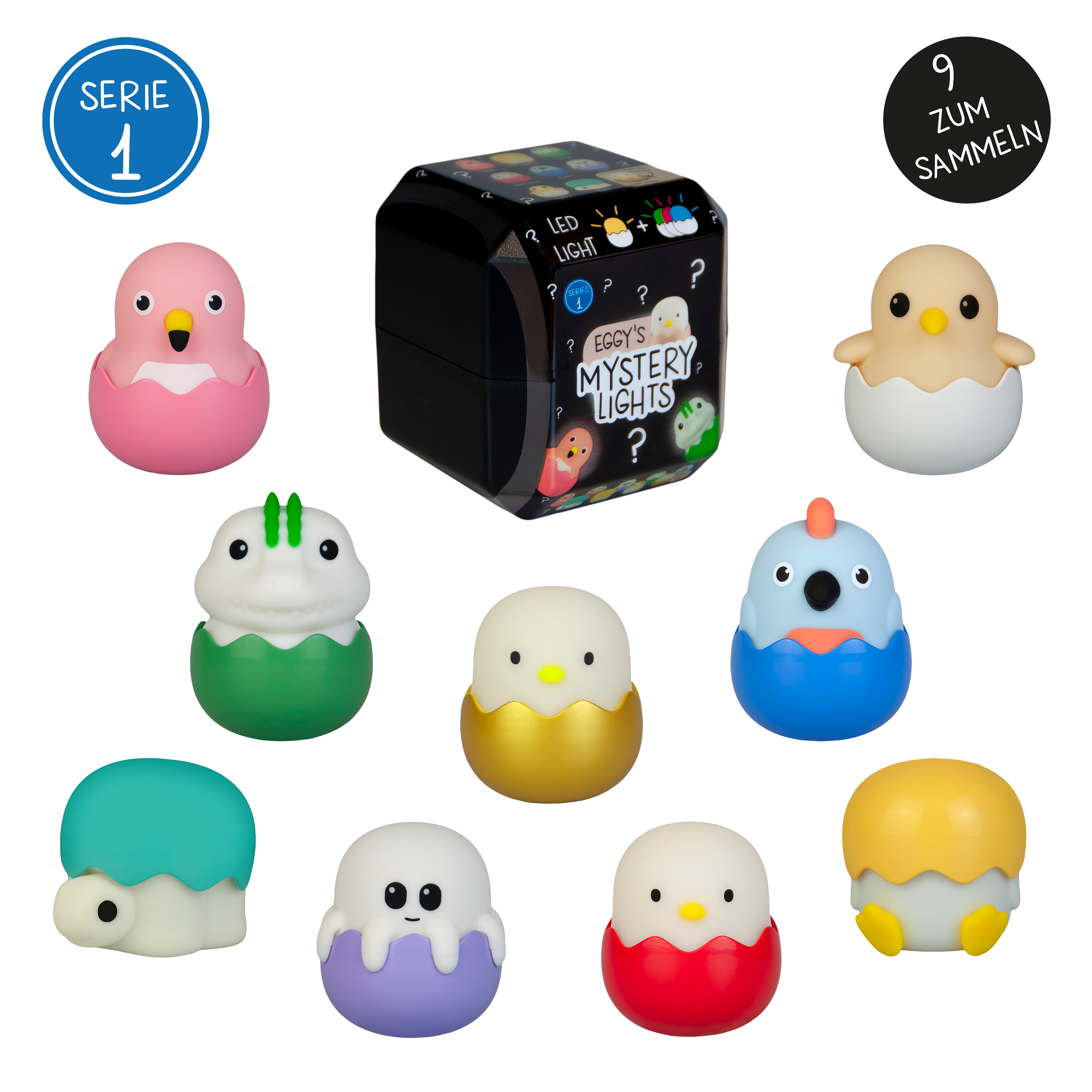 Das Bild zeigt verschiedene Spielfiguren in Eiform mit unterschiedlichen Farben und Designs, zusammen mit einer Produktbox und Text.
