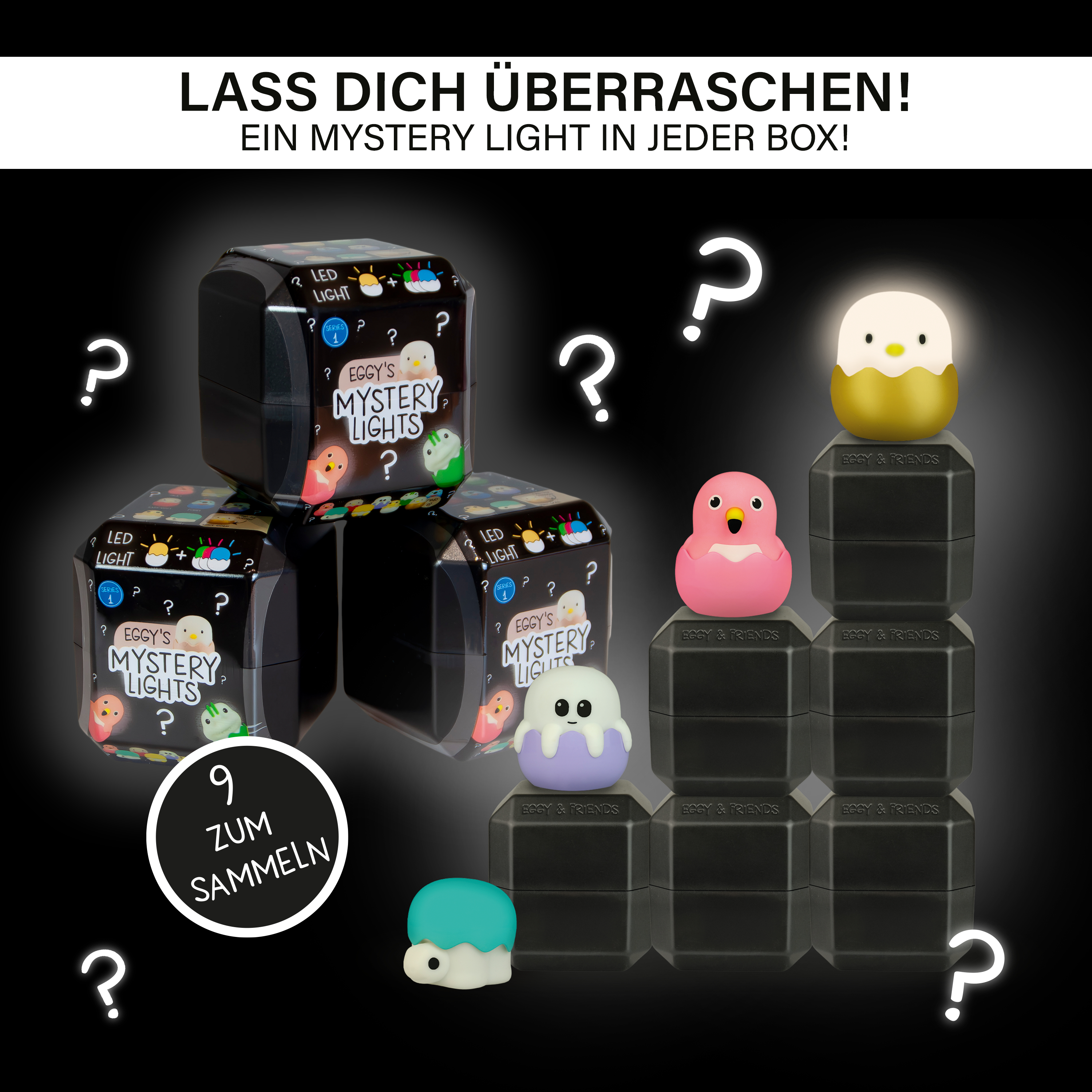 Das Bild zeigt Eggys Mystery Lights mit Spielfiguren und Boxen, Fragezeichen und Text auf Deutsch.
