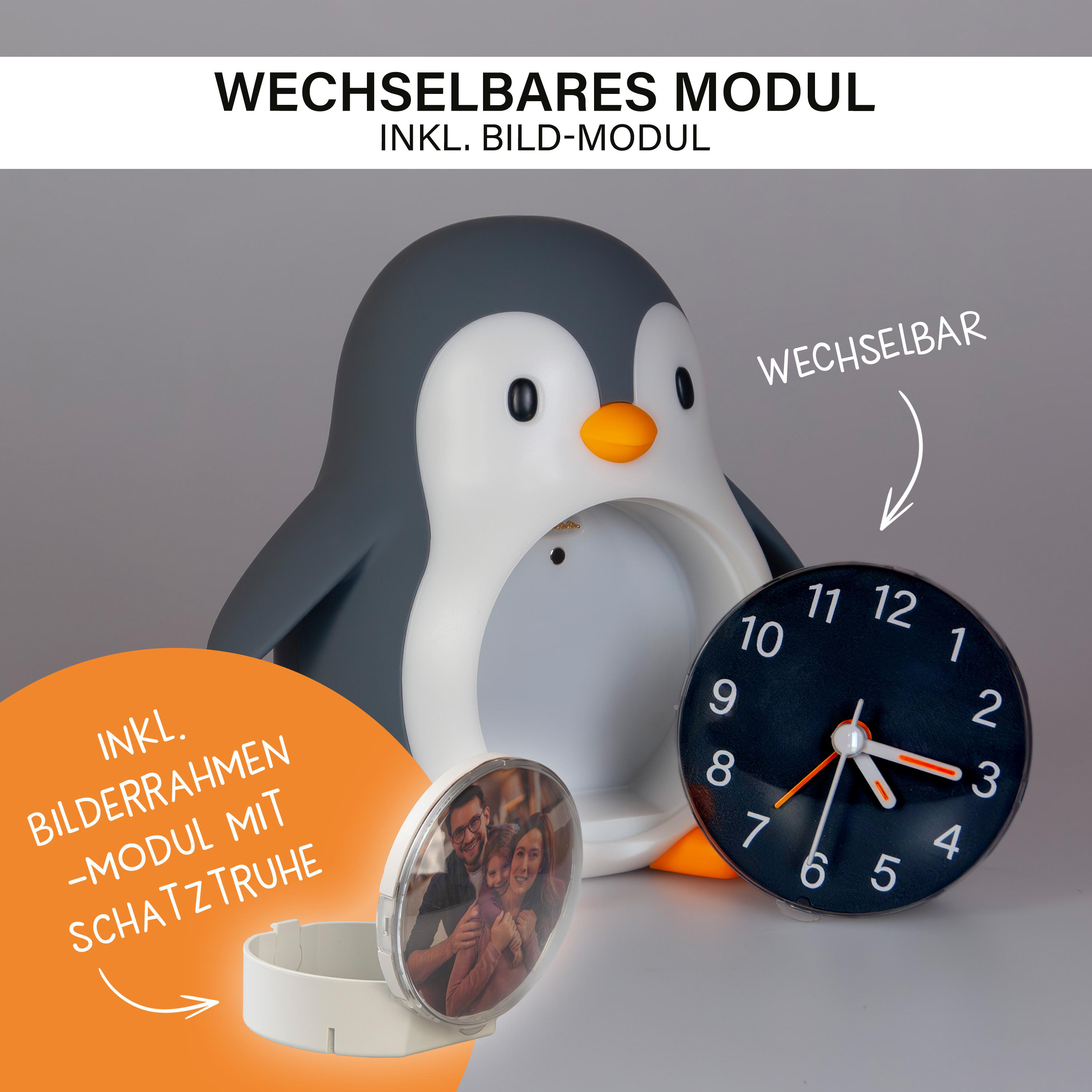 Eine pinguinförmige Uhr hat ein Zifferblatt und einen Bilderrahmen. Die Uhr ist schwarz und weiß, der Rahmen ist transparent.