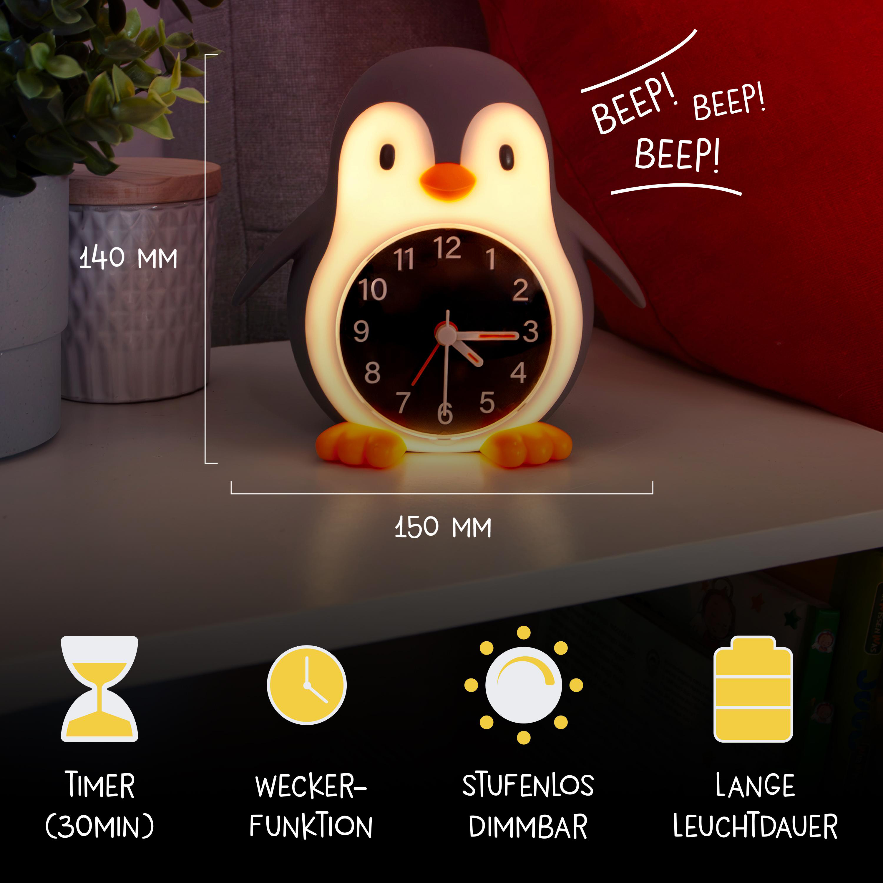 Ein pinguinförmiger Wecker mit Zifferblatt, Abmessungen und Symbolen für Timer, Alarm, Dimmen und Akkulaufzeit.