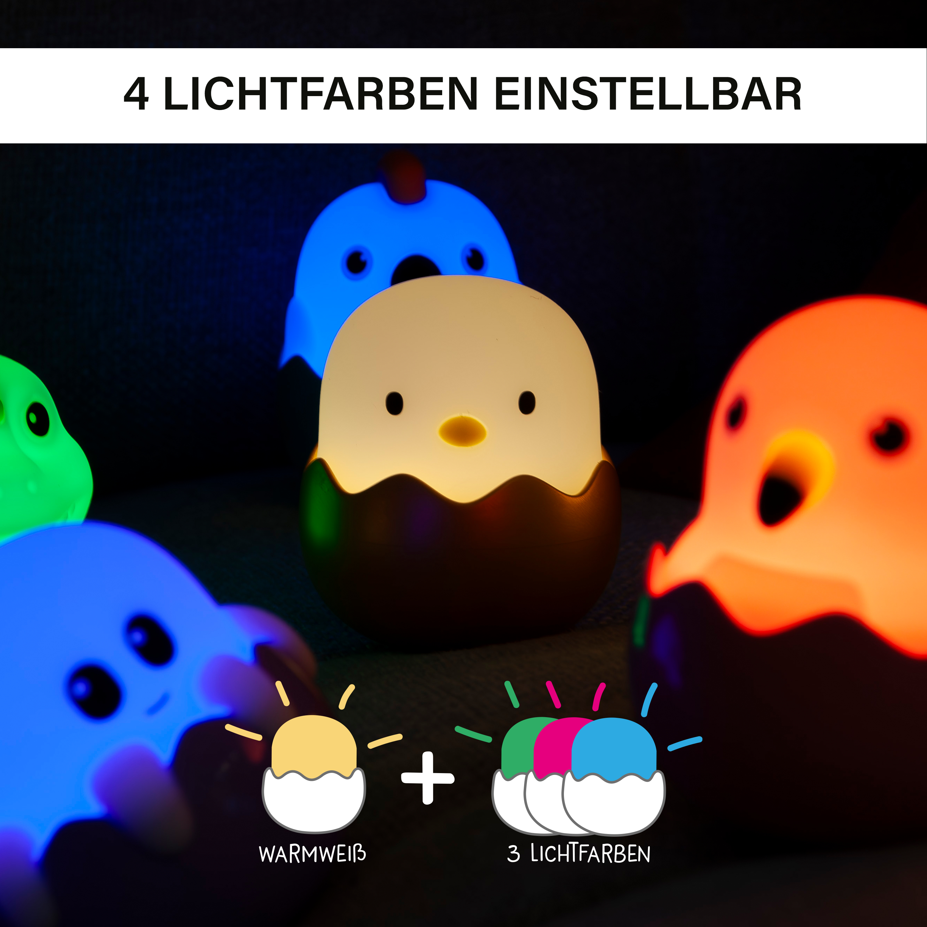 Das Bild zeigt leuchtende Lampen in Form von Küken in verschiedenen Farben. Der Text oben lautet '4 LICHTFARBEN EINSTELLBAR'.
