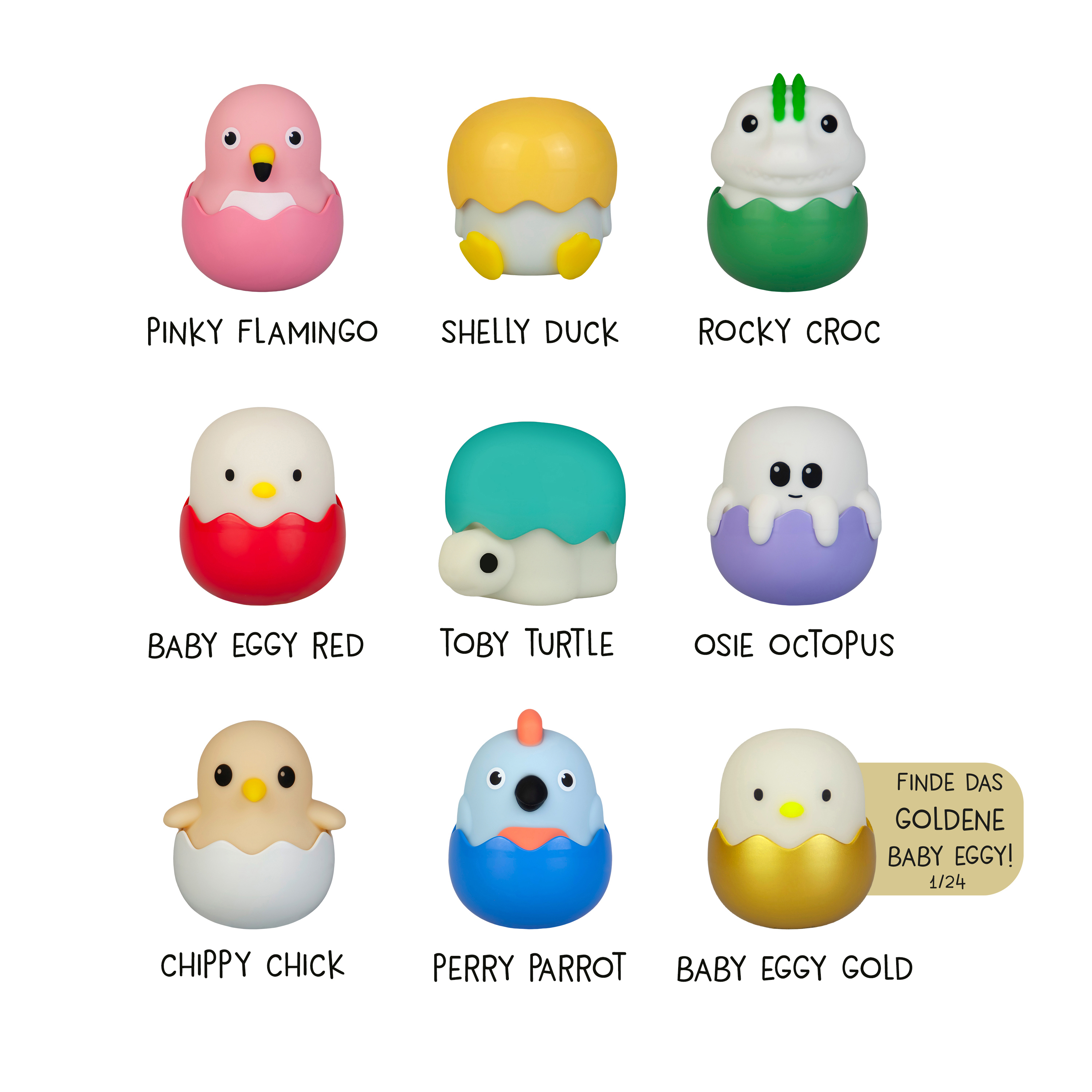 Neun Spielzeugfiguren in Eierschalen werden gezeigt. Jedes hat ein anderes Tierdesign und Farbschema, mit Etiketten darunter.