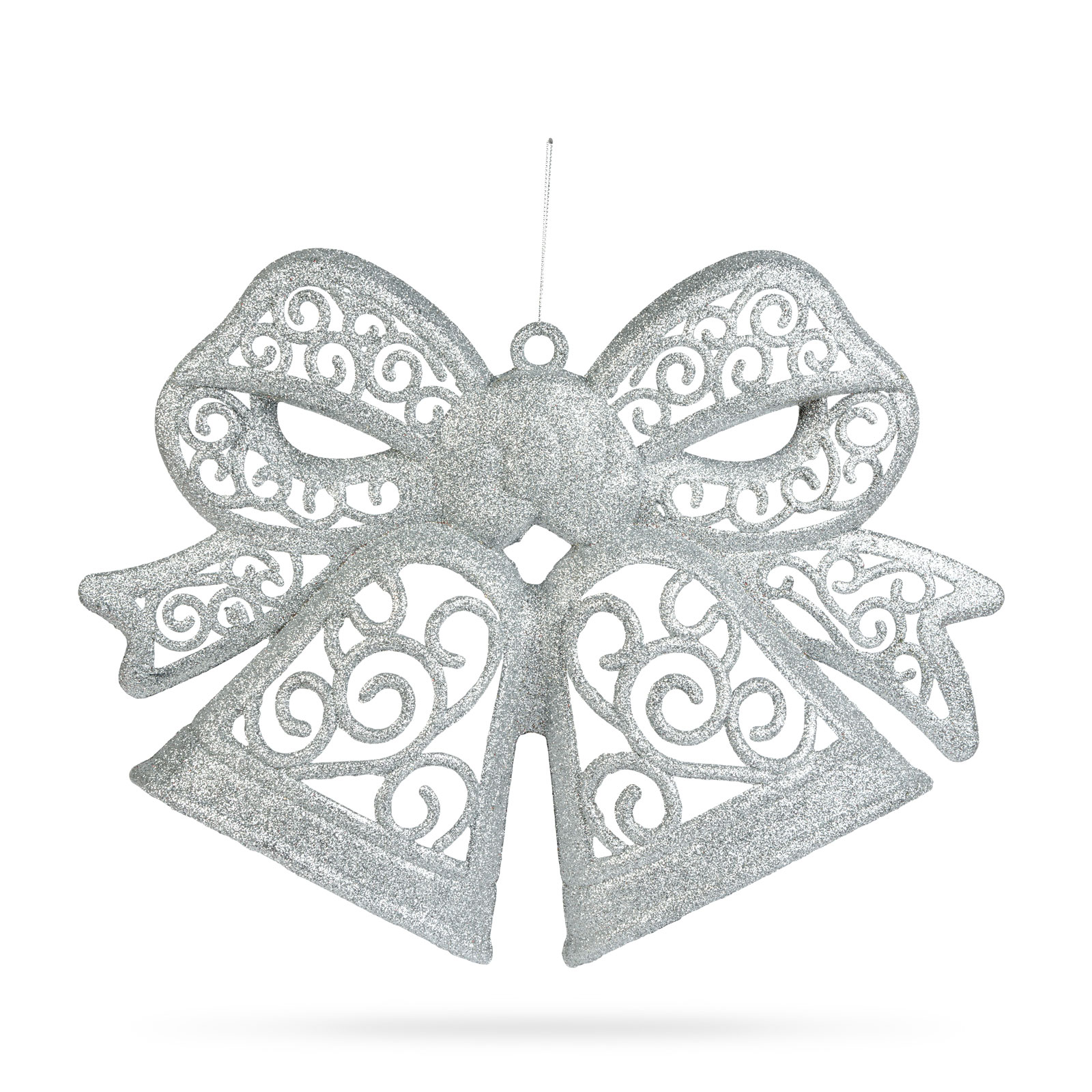 @HOME-XMAS Karácsonyi dekoráció, masni, glitteres ezüst, akasztható, 35 cm (59705B)
