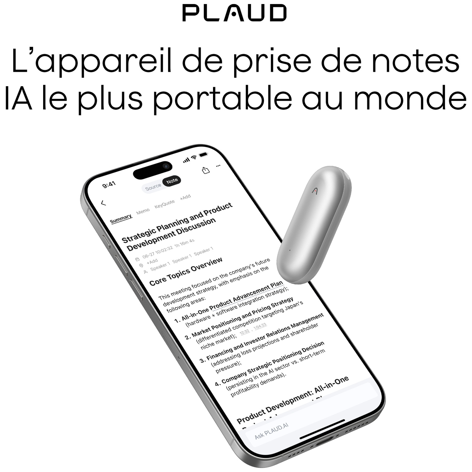 Un téléphone affiche des notes de réunion, avec un enregistreur vocal argenté au-dessus. Texte en français.