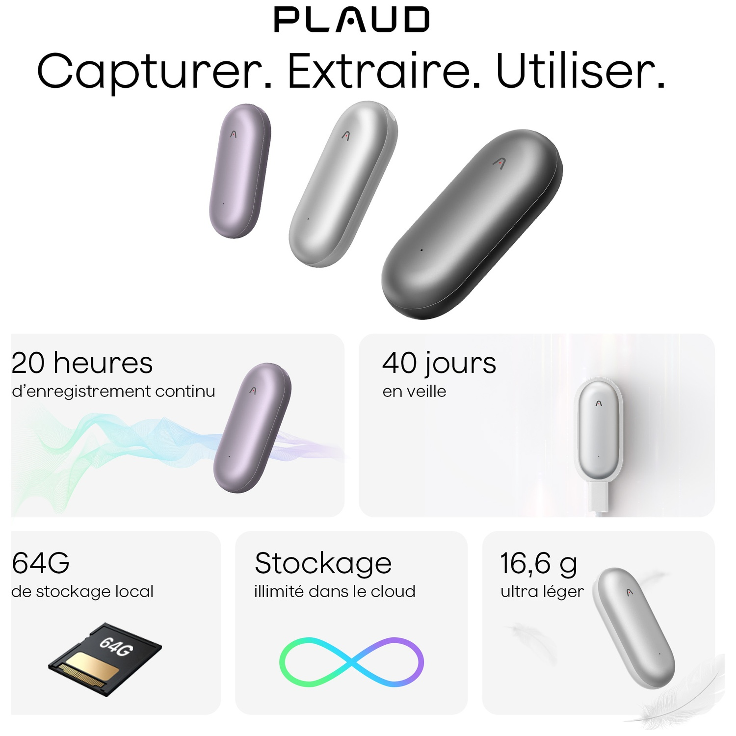 Image avec des photos et des caractéristiques du produit, y compris le stockage, l'autonomie et le poids. Trois appareils sont montrés.