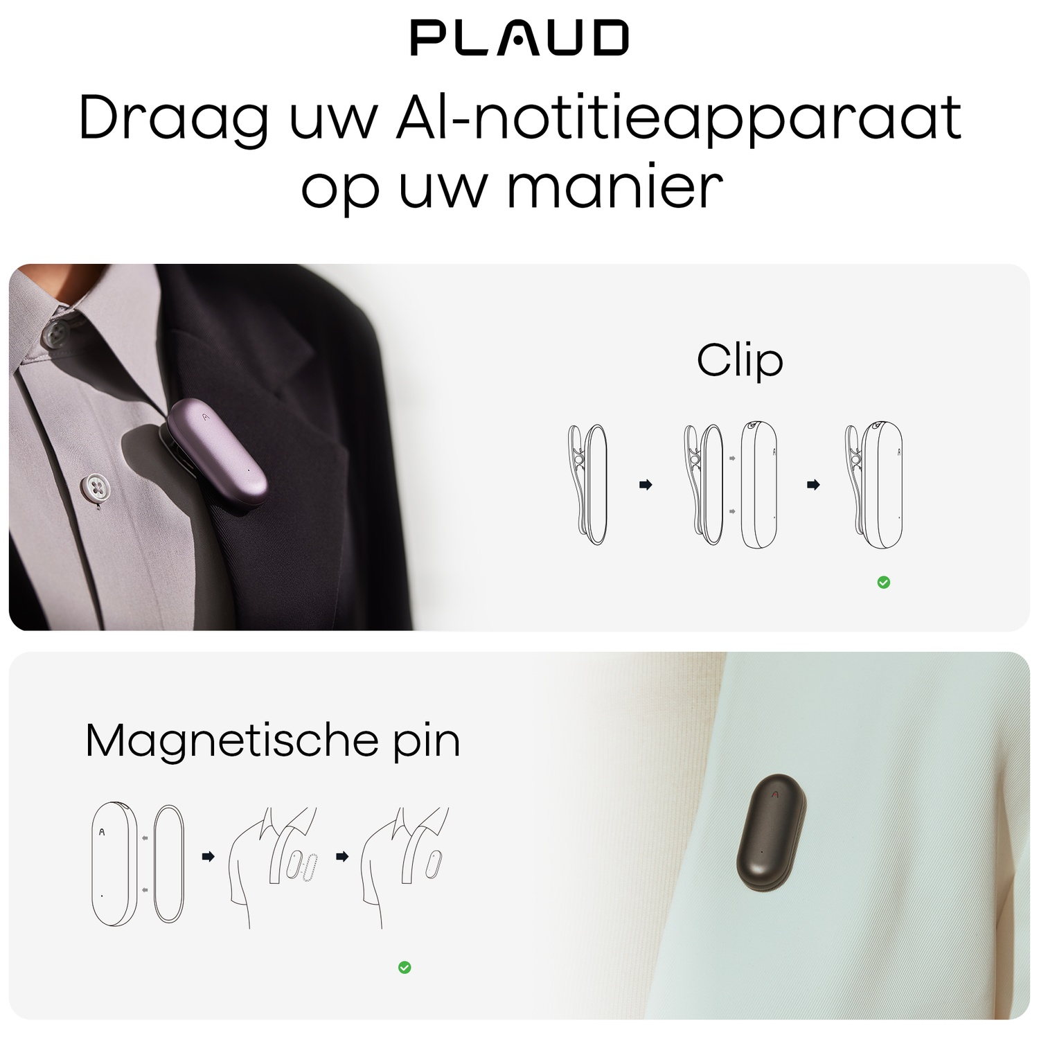L'image montre un appareil fixé aux vêtements avec une pince et magnétiquement. Des instructions pour la fixation par clip et épingle sont affichées.