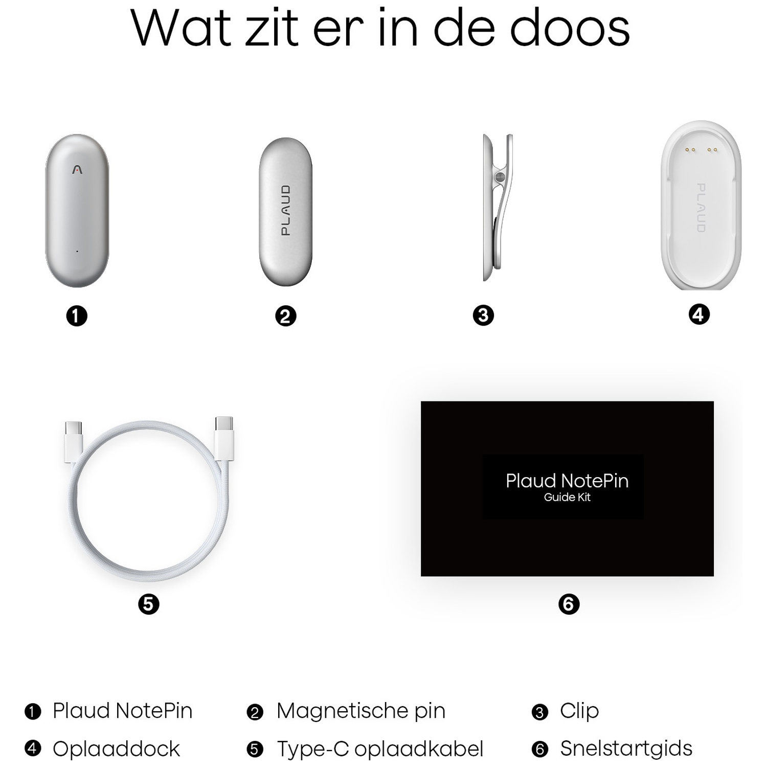L'image montre un kit Plaud NotePin : une épingle, une épingle magnétique, un clip, une station d'accueil, un câble et un guide, tous blancs.