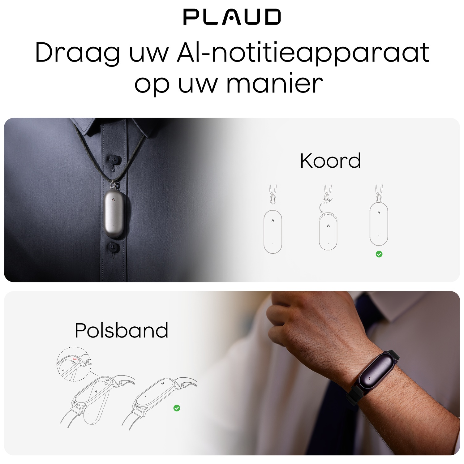L'image montre un appareil portable porté en collier et en bracelet. Des illustrations montrent comment porter l'appareil.
