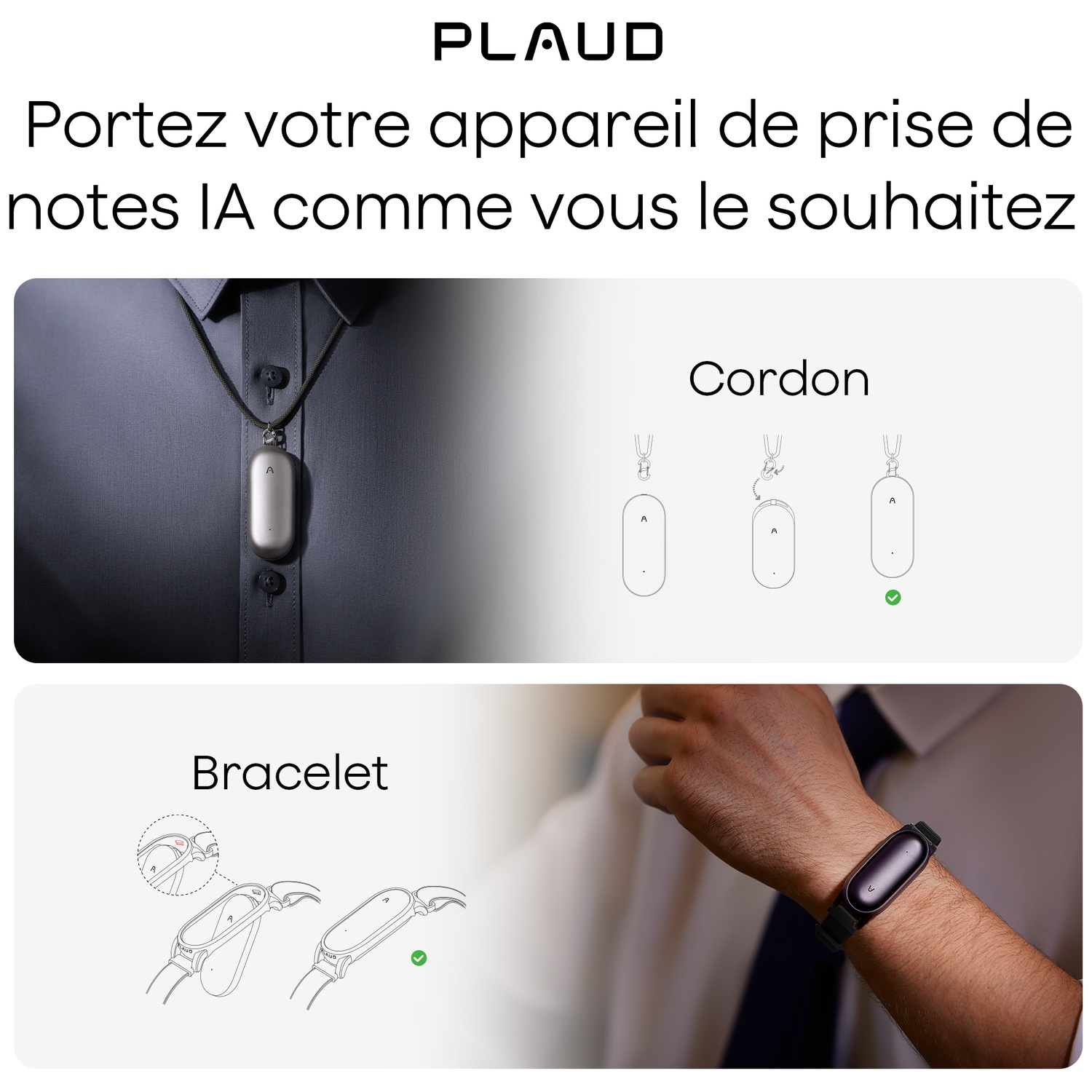 L'image montre un appareil porté en collier et en bracelet, avec des schémas d'attache. Le texte dit 'Portez votre appareil'.