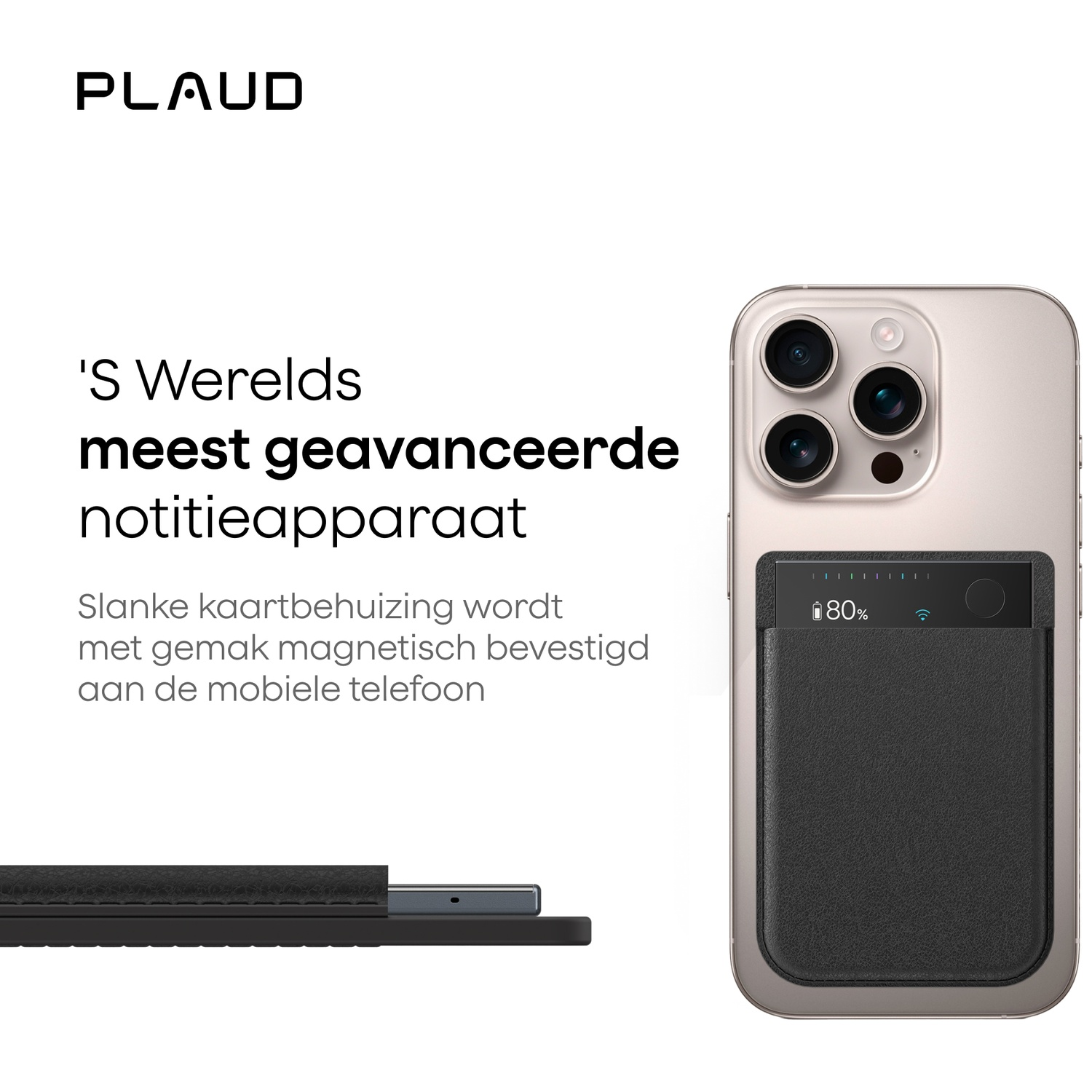 L'image montre un téléphone avec un porte-cartes en cuir noir. Le texte le décrit comme l'appareil de prise de notes le plus avancé, fixé magnétiquement.