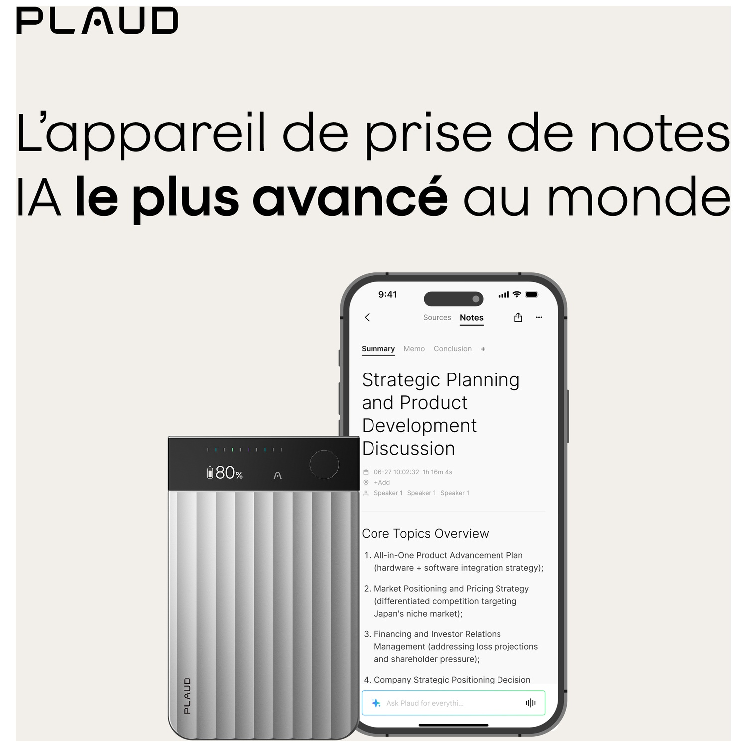 L'image montre un appareil et un écran de téléphone affichant des notes. Texte en français et en anglais : 'Strategic Planning and Product Discussion'.