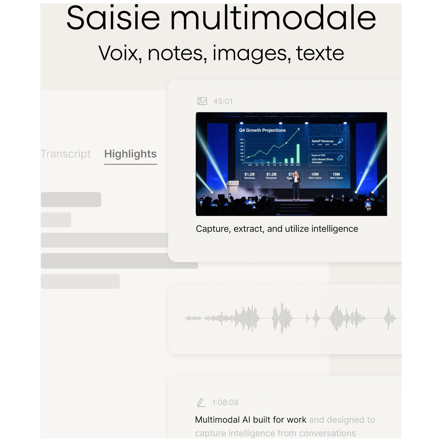 Un écran de présentation affiche des projections de croissance avec un orateur sur scène. Le texte inclut 'Saisie multimodale'.