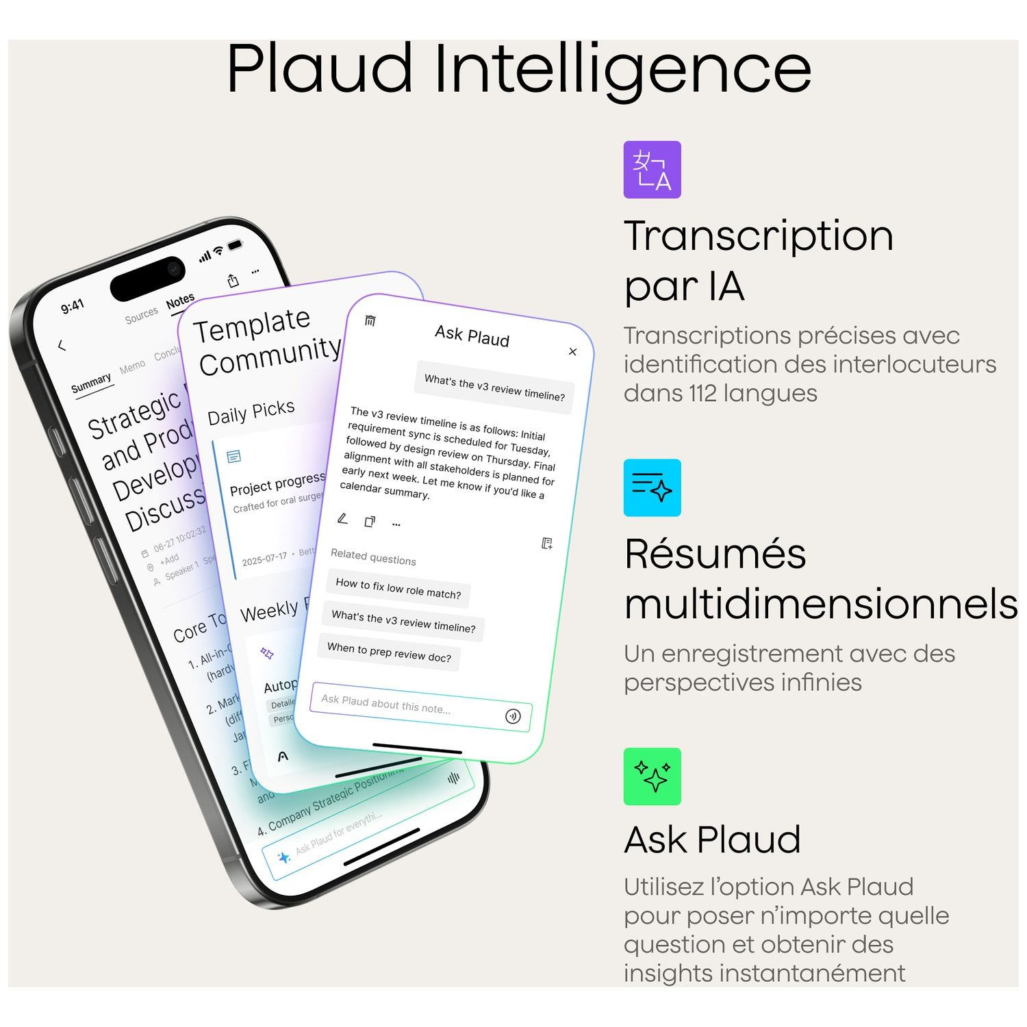L'image montre un téléphone avec des interfaces d'applications. Le texte comprend 'Strategic and Prod Develop Discuss', 'Ask Plaud' et 'Transcription par IA'.