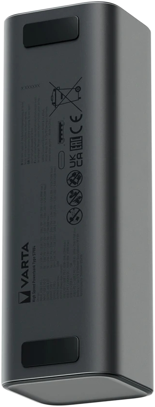 Sötétszürke Varta power bank. Fekete, téglalap alakú gombok vannak rajta. Szimbólumok és szöveg található a testen.