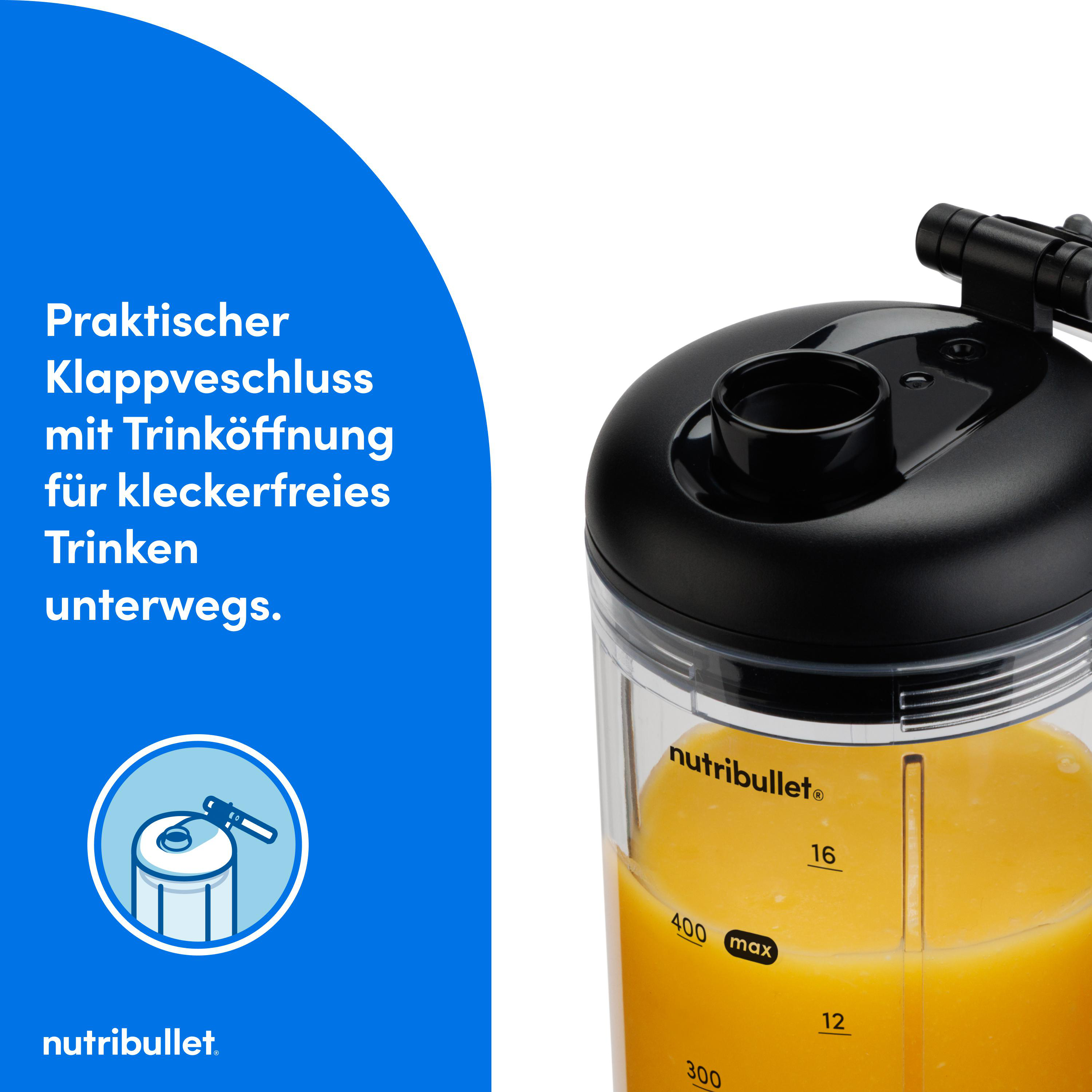Ein Nutribullet-Mixer mit schwarzem Deckel und orangefarbener Flüssigkeit im Inneren, mit Text auf blauem Hintergrund.