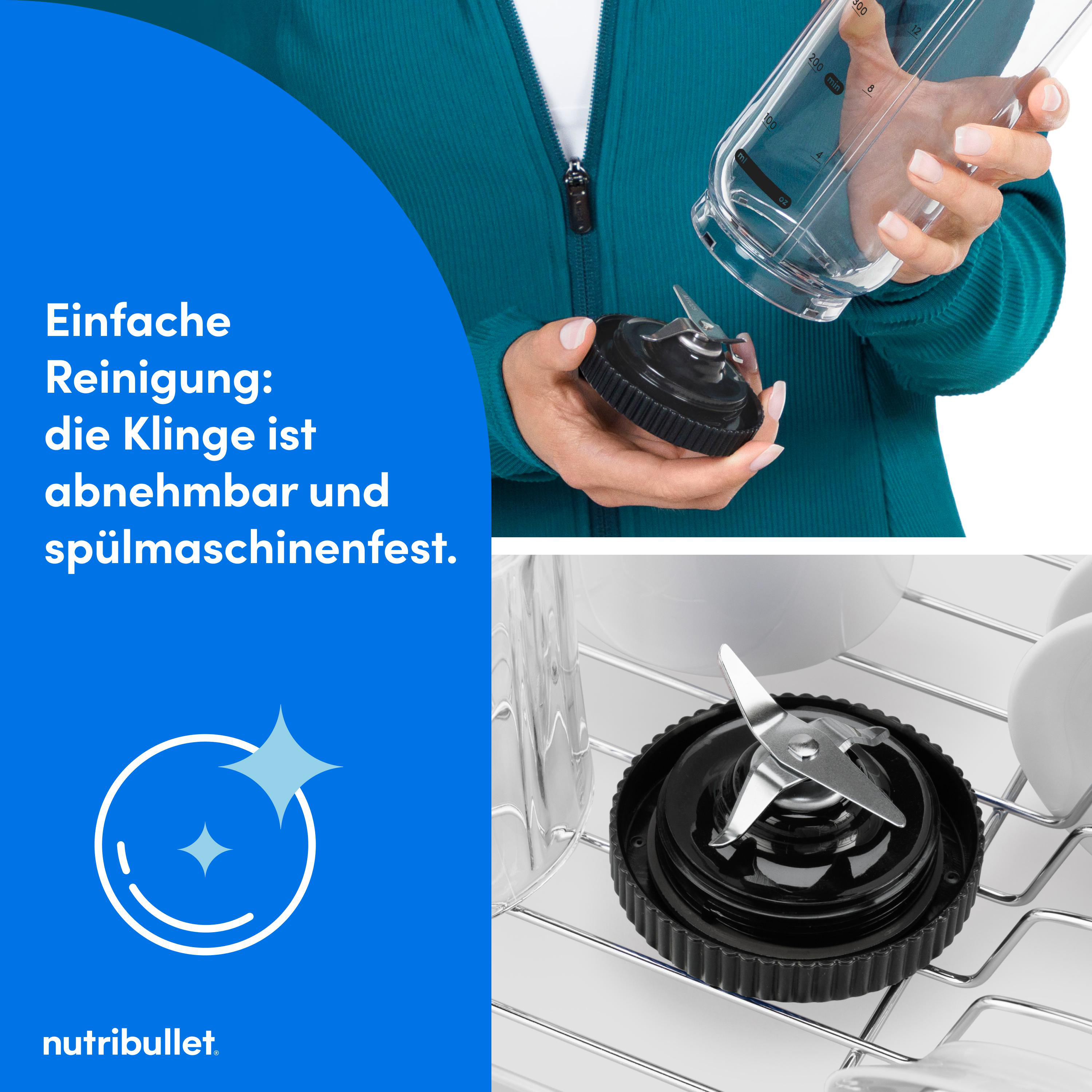 Das Bild zeigt eine Mixerklinge, eine Person, die einen Mixbecher hält, und Text über einfache Reinigung.