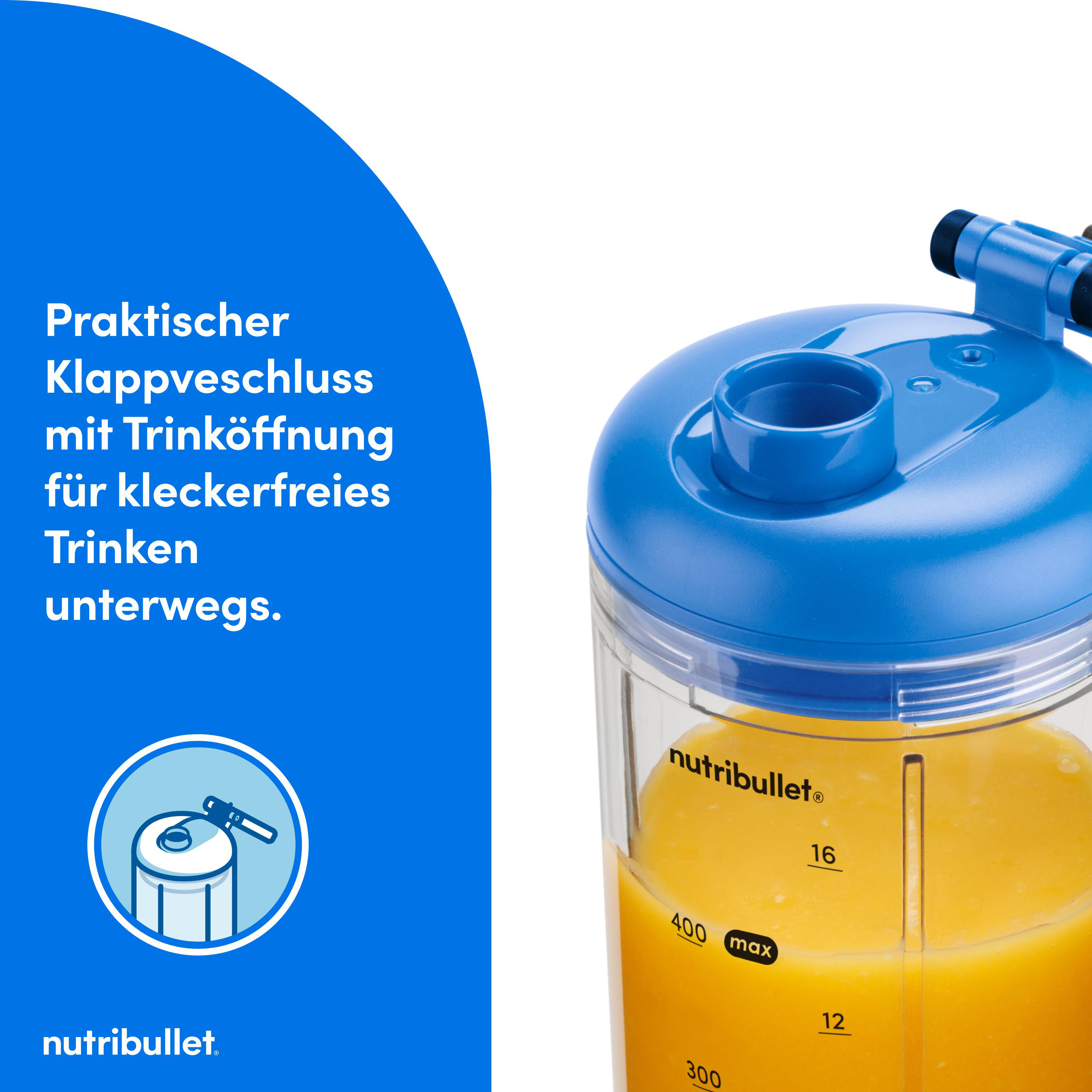 Ein Nutribullet-Mixer mit blauem Deckel und orangefarbener Flüssigkeit, der Text beschreibt ihn als praktisch und auslaufsicher.