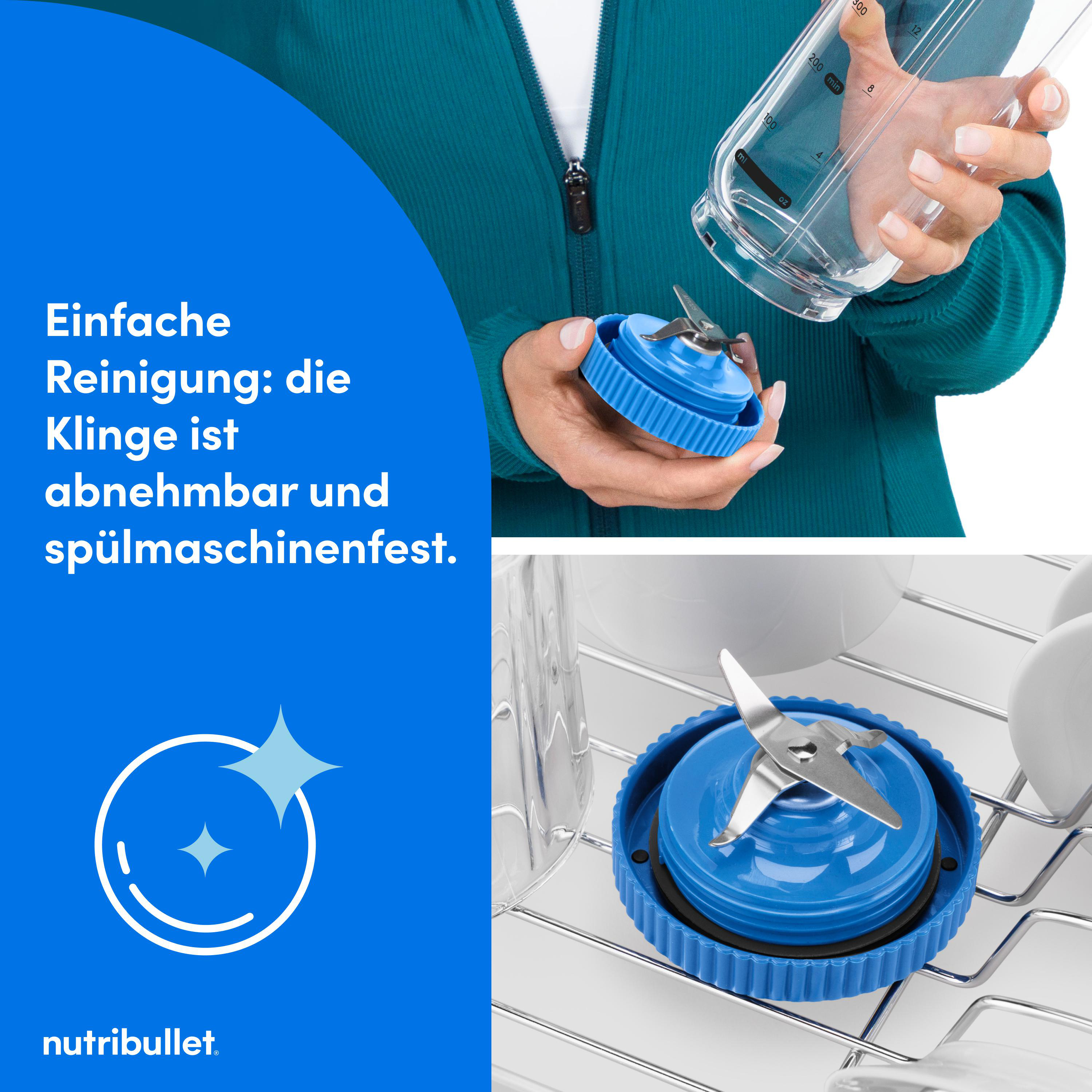 Eine Person hält eine Mixerklinge und einen Behälter. Die Klinge ist blau und abnehmbar. Der Text besagt, dass sie spülmaschinenfest ist.