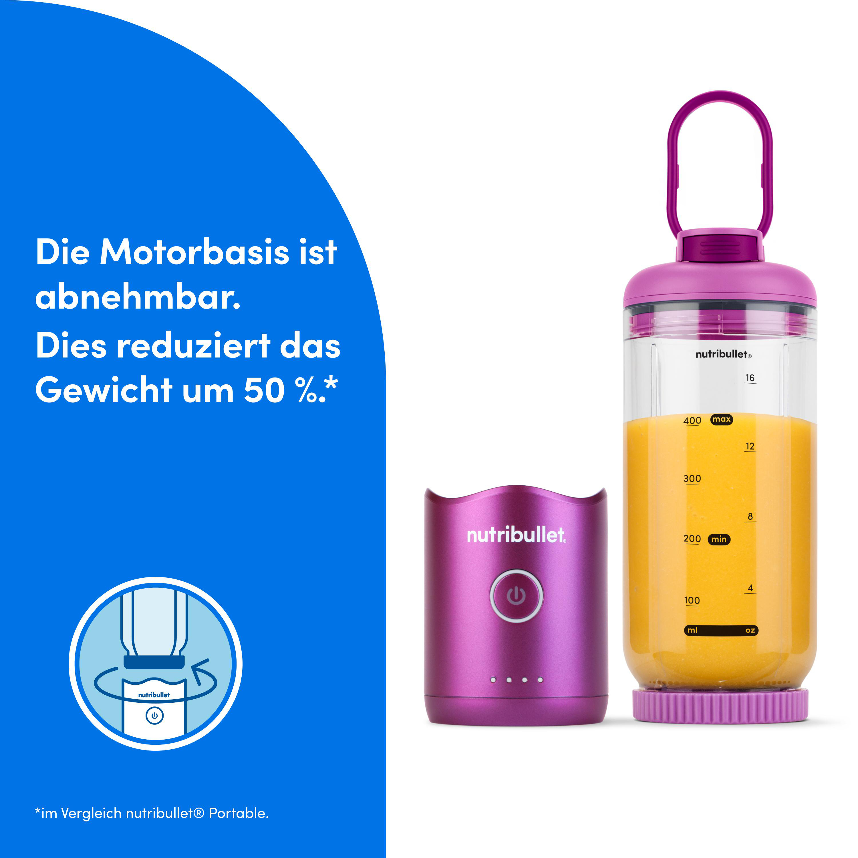 Ein lila Nutribullet-Mixer mit abnehmbarer Motorbasis, er reduziert das Gewicht um 50 %.