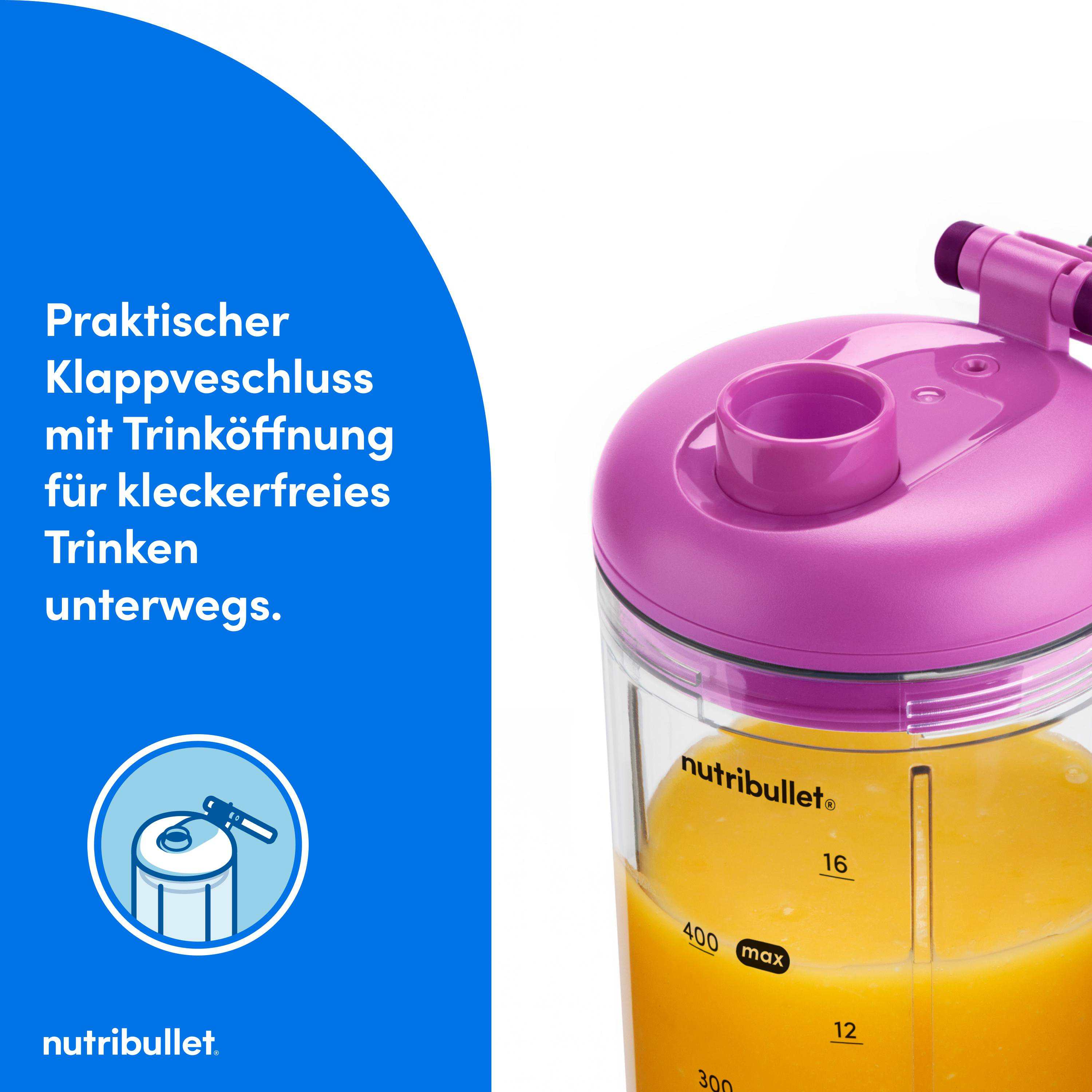 Ein pinkfarbener Nutribullet mit orangefarbener Flüssigkeit. Der Text besagt, dass er einen praktischen Deckel hat.
