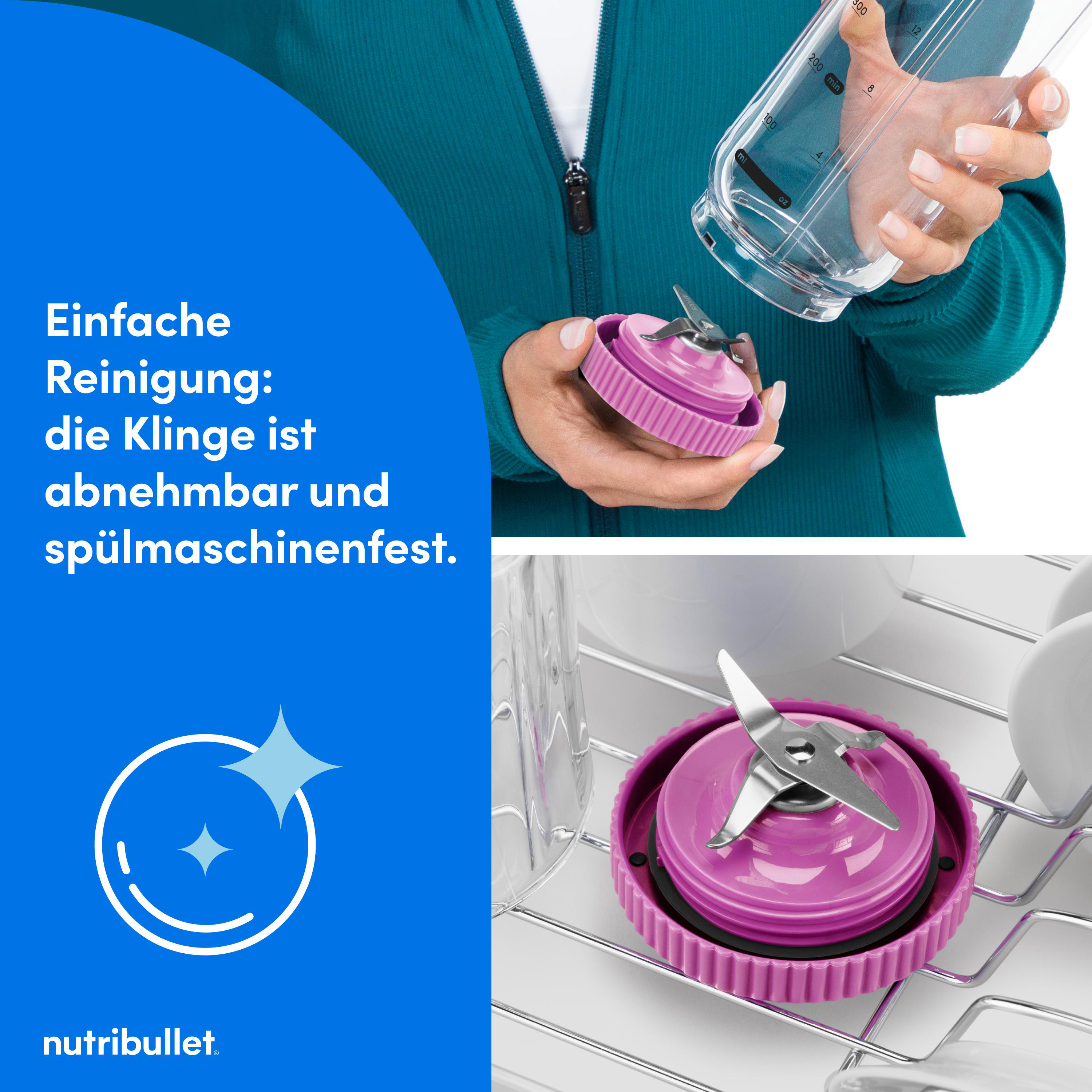 Das Bild zeigt eine Person, die eine Mixer-Messerbasis hält. Text lautet: 'Einfache Reinigung: die Klinge ist abnehmbar und spülmaschinenfest.'
