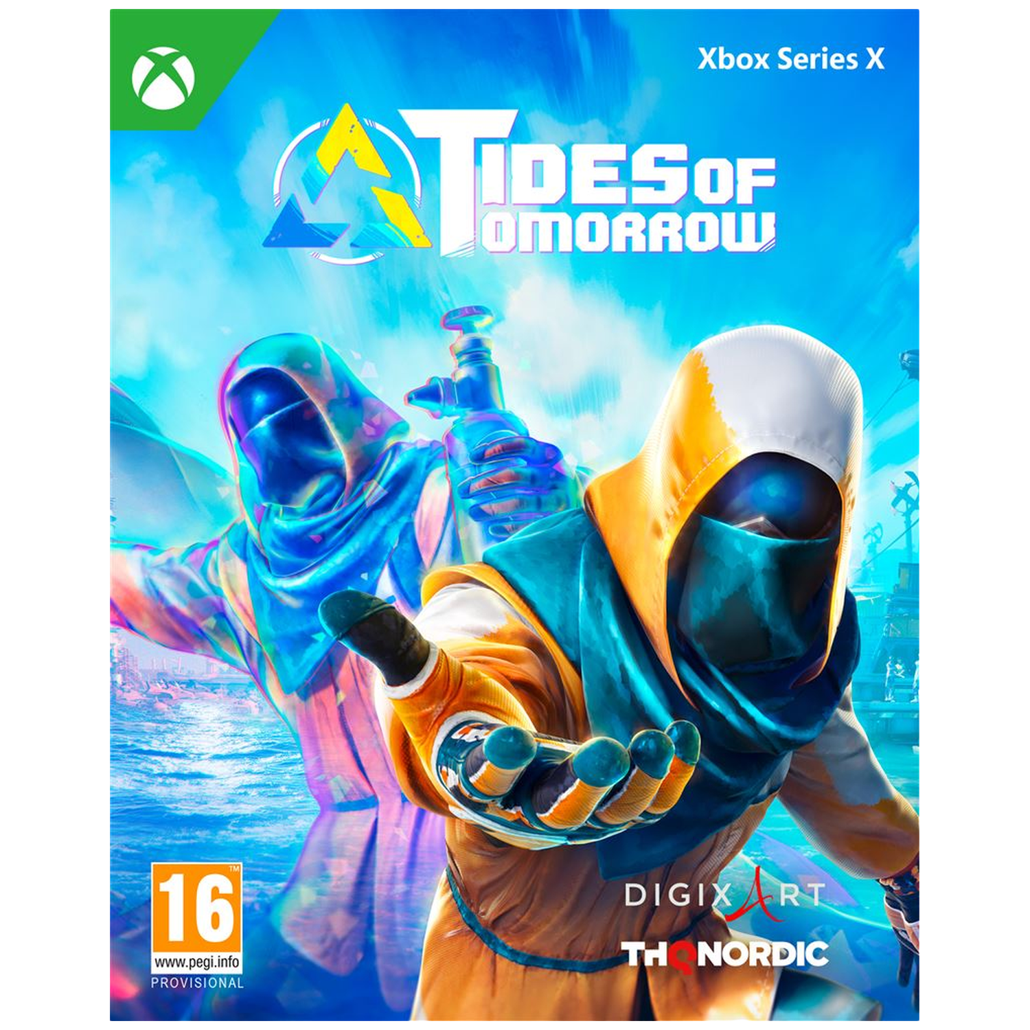 Omslag van 'Tides of Tomorrow'. Twee figuren in futuristische pakken, met het Xbox Series X logo en een leeftijdsaanduiding van '16'.