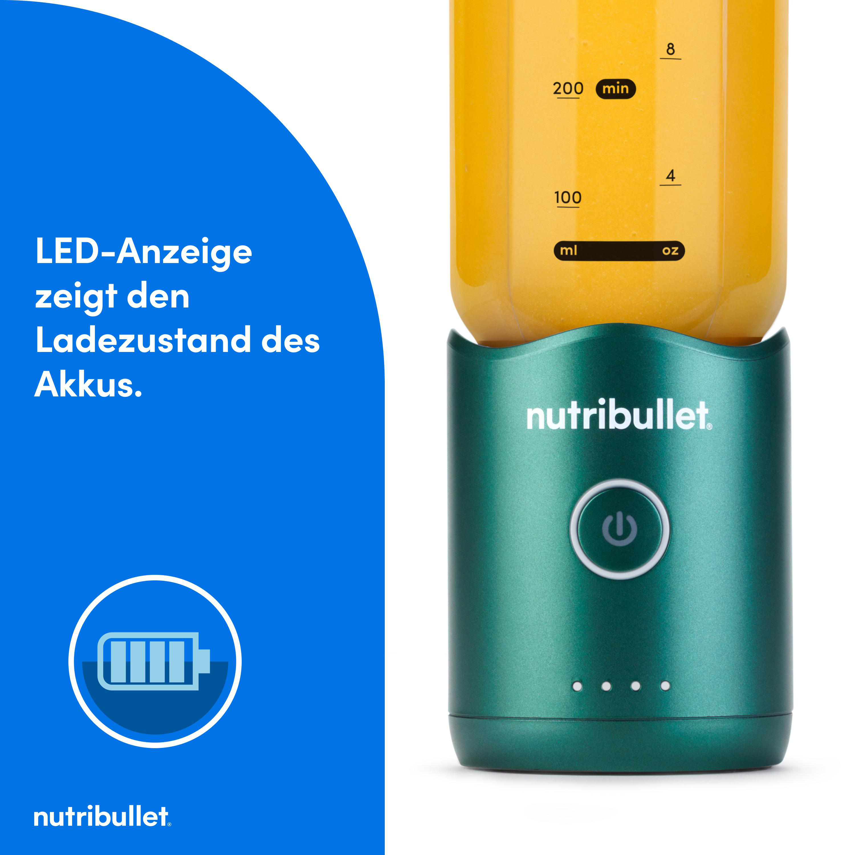 Ein grüner Nutribullet-Blender mit einer orangen Flüssigkeit. Batteriestandsanzeige auf blauem Hintergrund. Text: LED-Anzeige.